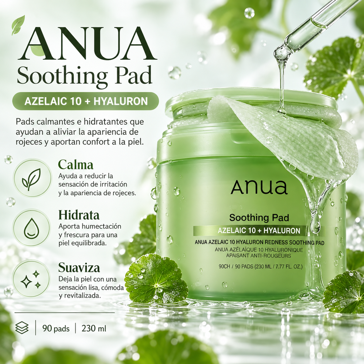 ANUA – Azelaic 10 Hyaluron Redness Soothing Pad 90 Pads / 230 ml | Pads Calmantes con Ácido Azelaico y Ácido Hialurónico