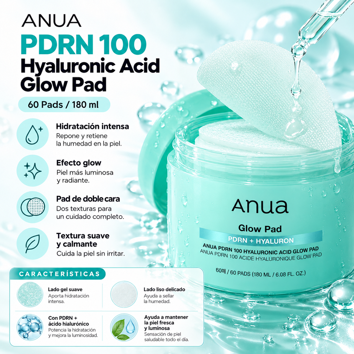 ANUA – PDRN 100 Hyaluronic Acid Glow Pad 60 Pads / 180 ml | Pads Hidratantes e Iluminadores con PDRN y Ácido Hialurónico