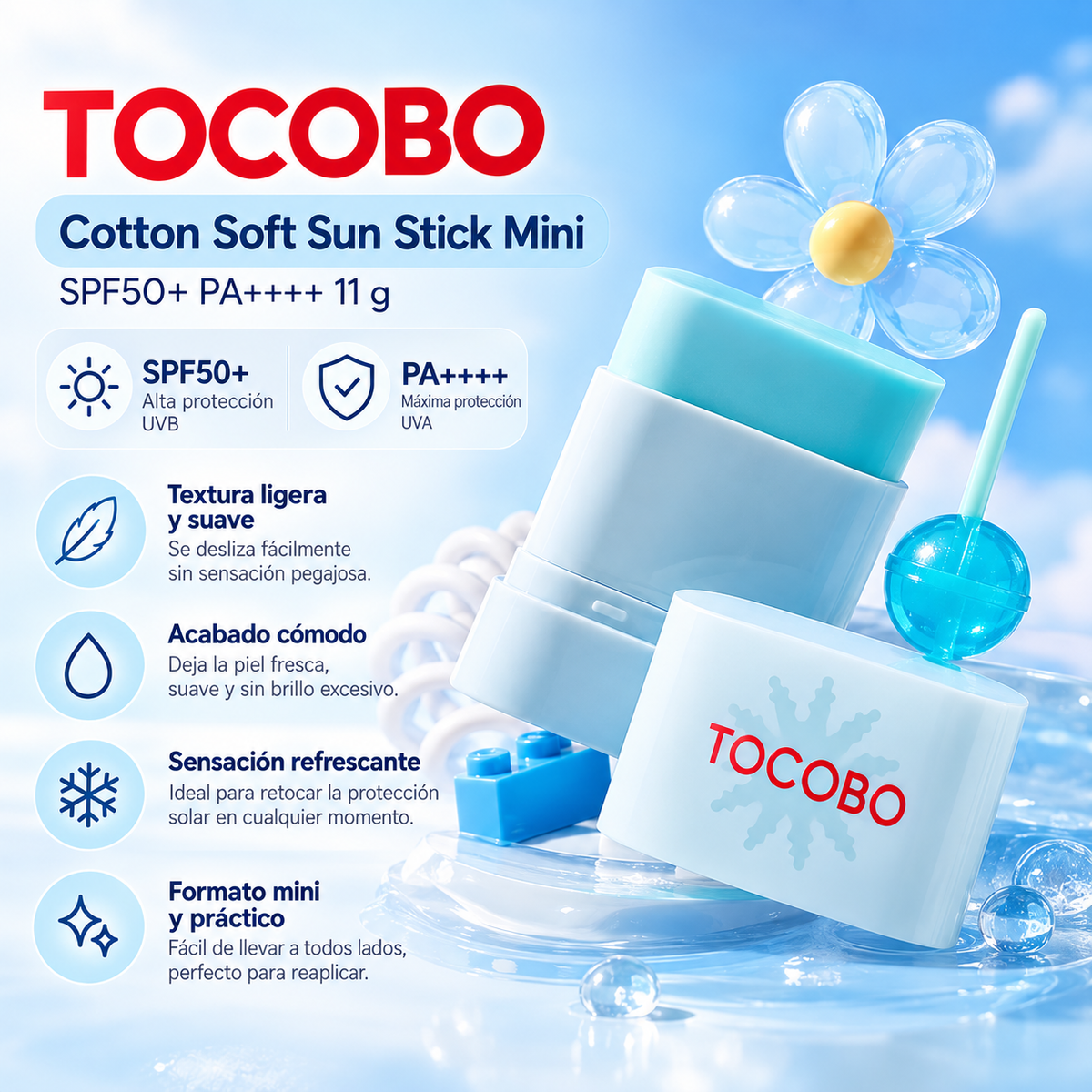 TOCOBO – Cotton Soft Sun Stick Mini SPF50+ PA++++ 11 g | Protector Solar Mate con Extracto de Algodón