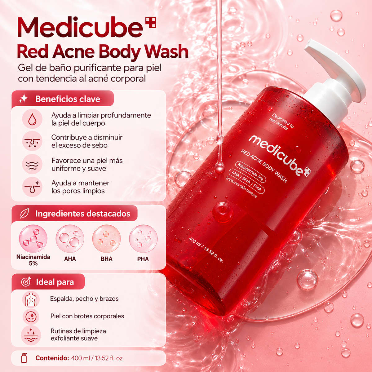 MEDICUBE – Red Acne Body Wash 400 ml | Limpiador Corporal Exfoliante con Niacinamida 5% + AHA BHA PHA