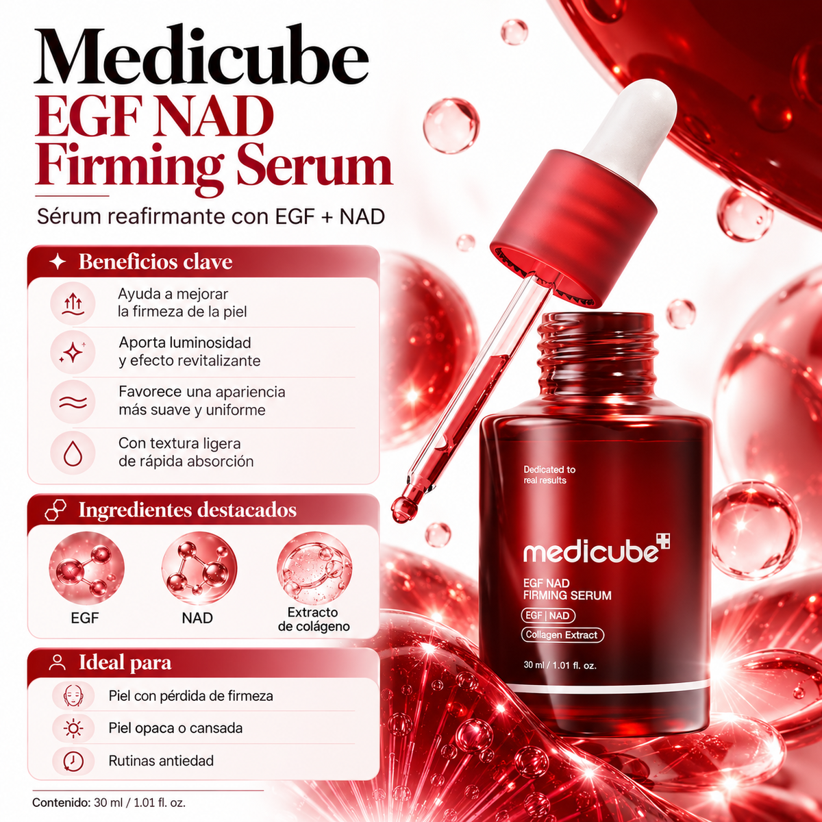 MEDICUBE – EGF NAD+ Firming Serum 30 ml | Sérum Reafirmante con EGF, NAD+ y Colágeno