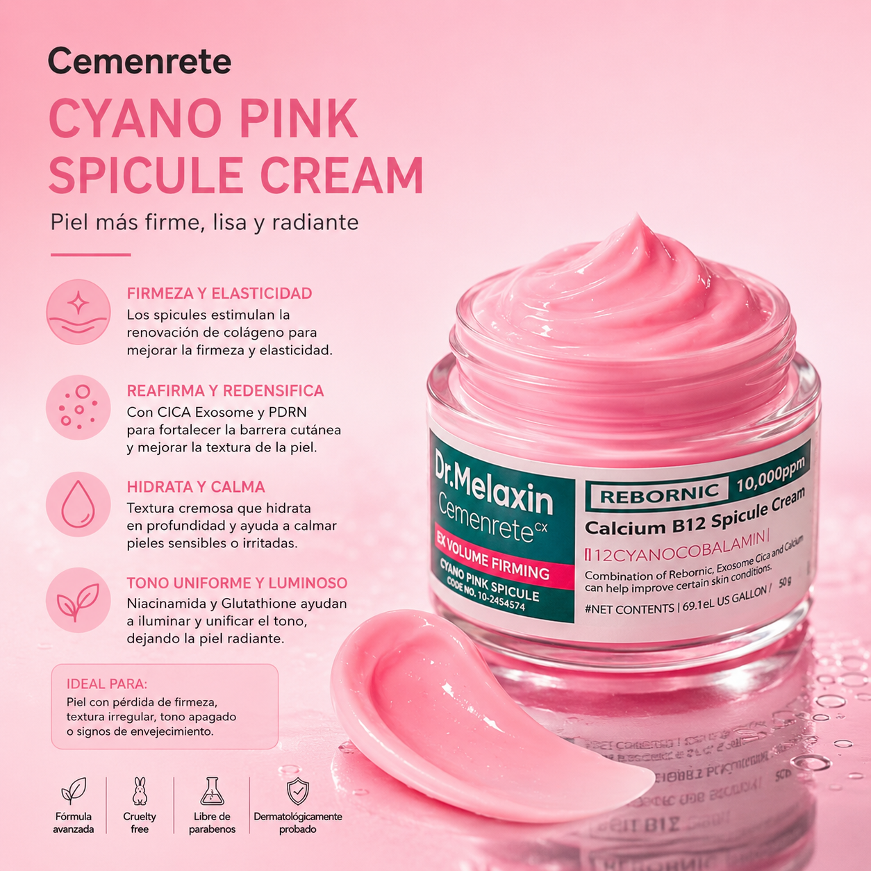 Dr. Melaxin - Cemenrete Cyano Pink Spicule Cream – Crema Reafirmante con Espículas, Vitamina B12 y REBORNIC 50 ml
