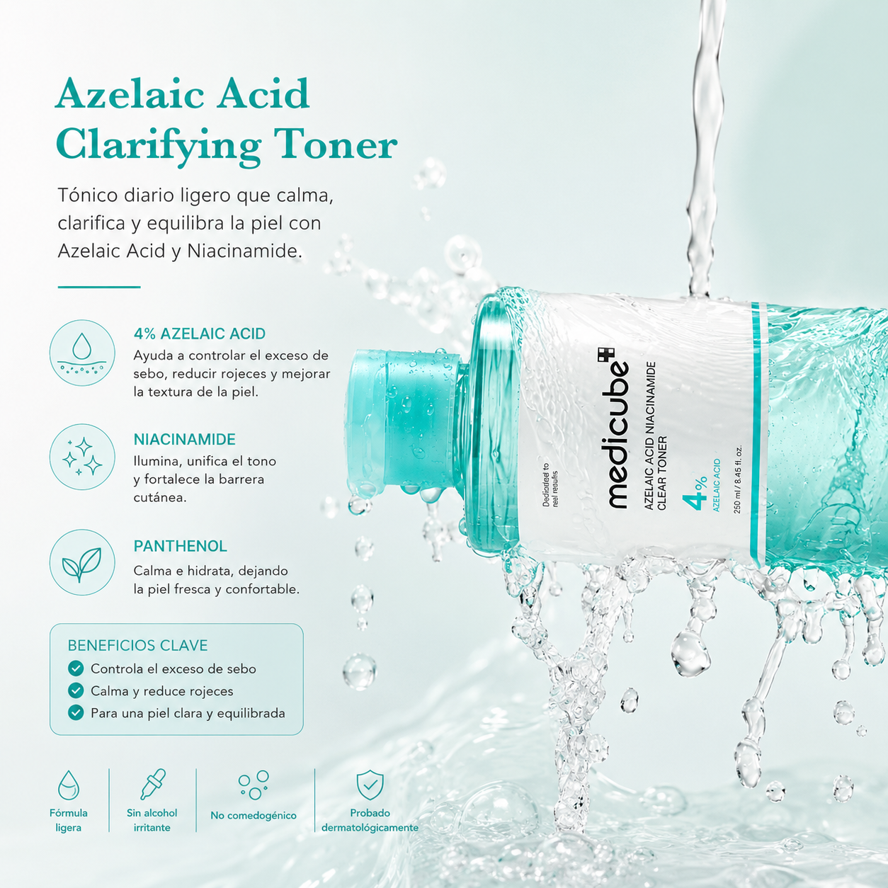 Medicube - Azelaic Acid Niacinamide Clear Toner – Tónico Clarificante con 4% Ácido Azelaico y 2% Niacinamida 250 ml
