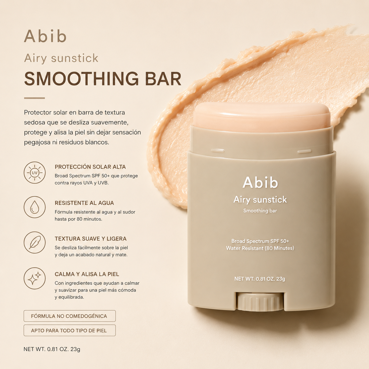 ABIB – Airy Sunstick Smoothing Bar SPF50+ PA++++ 23 g – Protector Solar en Barra Acabado Mate