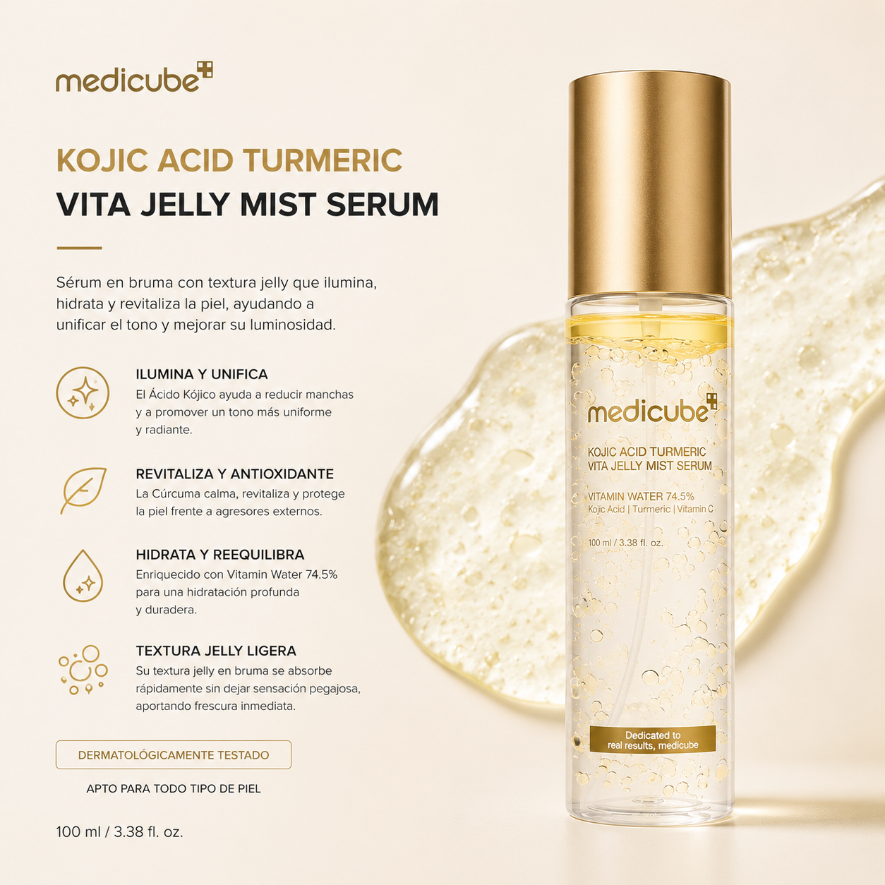 MEDICUBE – Kojic Acid Turmeric Vita Jelly Mist Serum 100 ml – Spray Sérum Iluminador Antimanchas