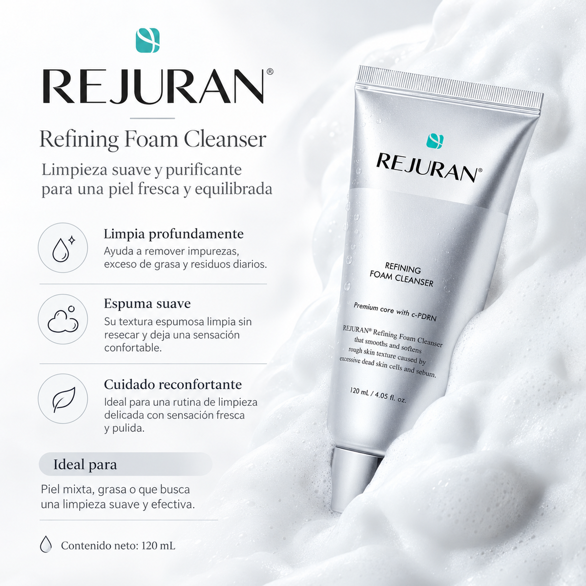 REJURAN - Refining Foam Cleanser – Limpiador Facial Espumoso con c-PDRN, Pantenol, LHA y Ácido Hialurónico 120 ml