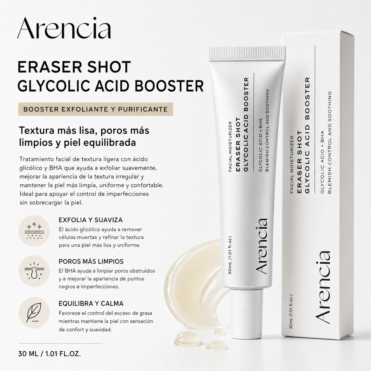 Arencia - Eraser Shot Glycolic Acid Booster - Sérum Exfoliante para Poros con Ácido Glicólico 30 ml