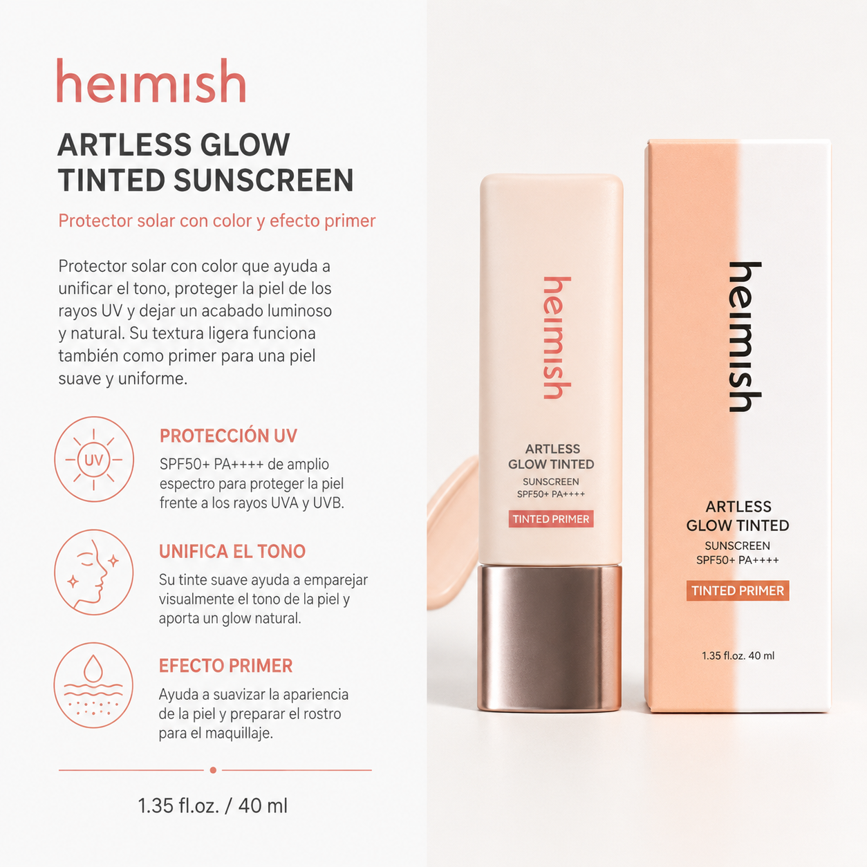 Heimish - Artless Glow Tinted Sunscreen - Protector Solar con Color Efecto Primer SPF50+ PA++++ 40 ml