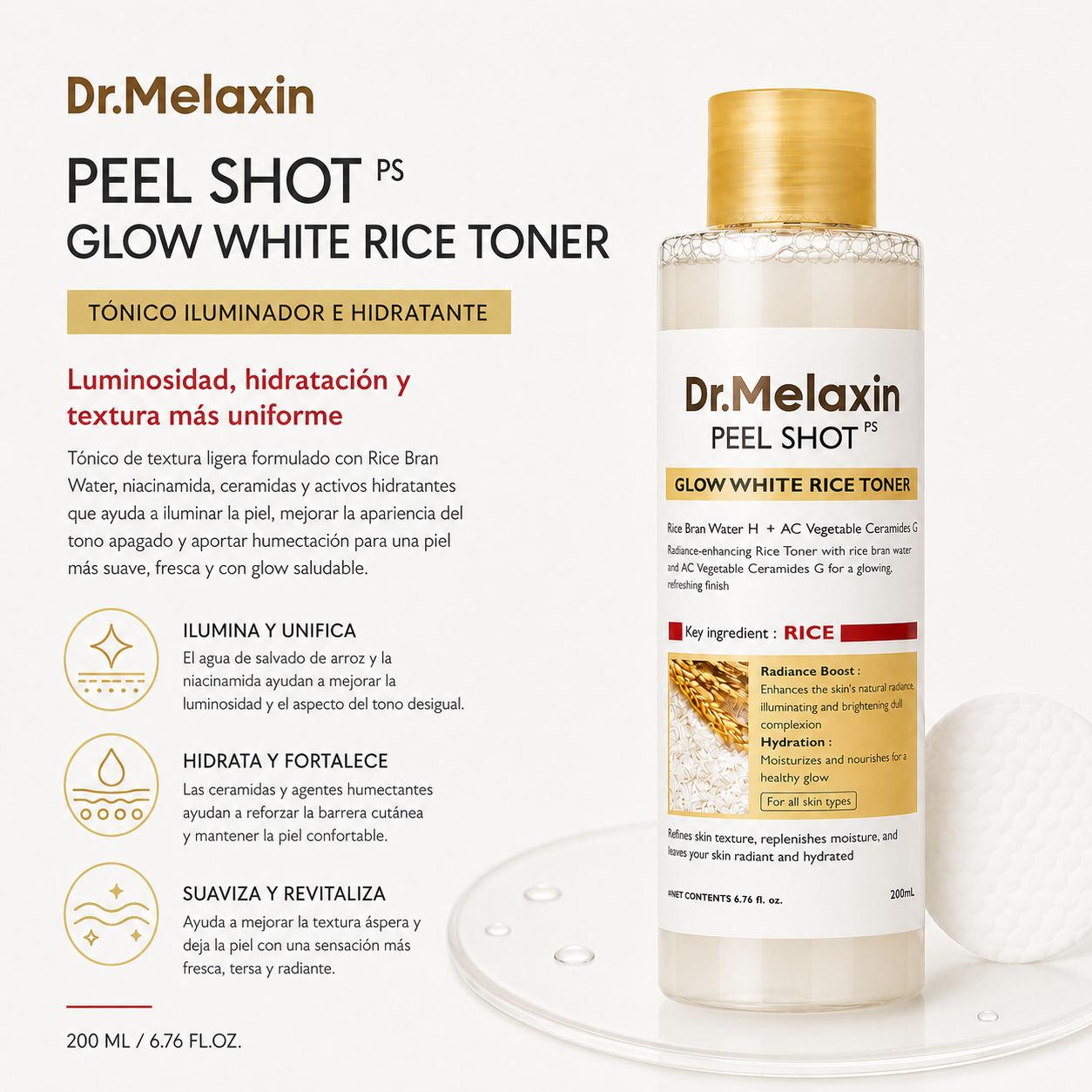 Dr.Melaxin - Peel Shot PS Glow White Rice Toner - Tónico Iluminador Hidratante con Arroz 200 ml
