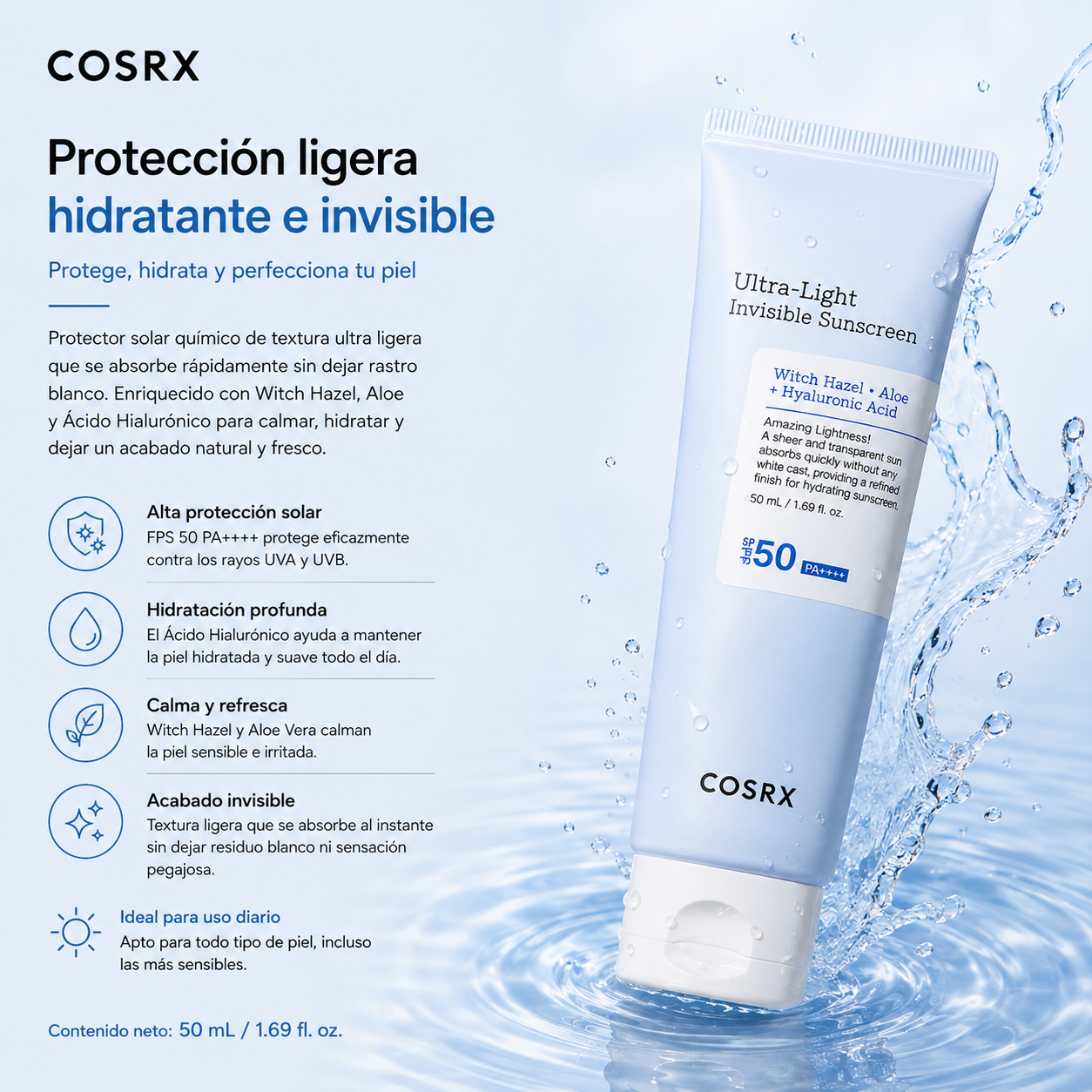 COSRX - Ultra-Light Invisible Sunscreen SPF50 PA++++ – Protector Solar Ultraligero Invisible con Aloe, Witch Hazel y Ácido Hialurónico 50 ml