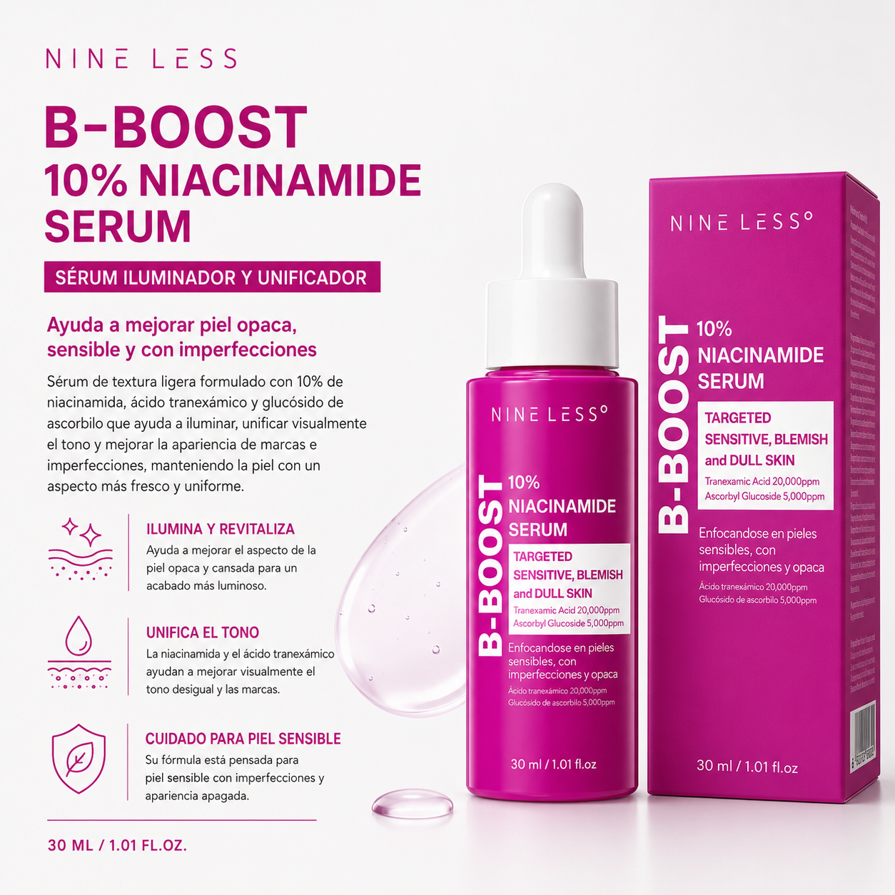 Nine Less - B-Boost 10% Niacinamide Serum - Sérum Iluminador Antimanchas con Niacinamida y Ácido Tranexámico 30 ml