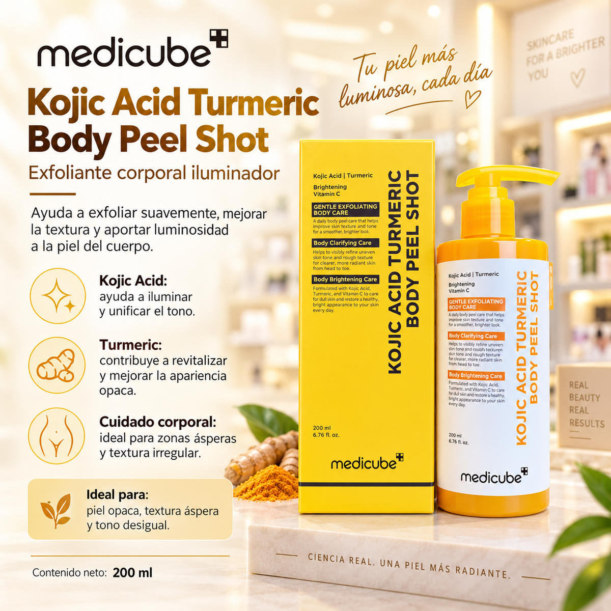 MEDICUBE – Kojic Acid Turmeric Body Peel Shot 280 ml | Exfoliante corporal iluminador