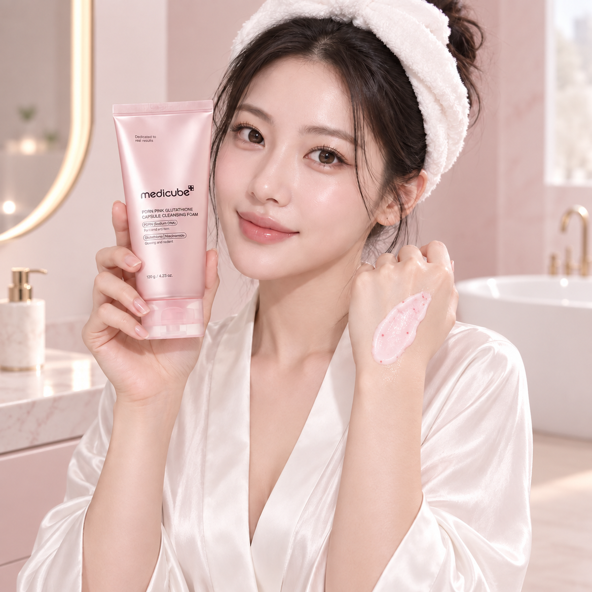 MEDICUBE – PDRN Pink Glutathione Capsule Cleansing Foam 120 g | Espuma limpiadora iluminadora con PDRN y Glutatión