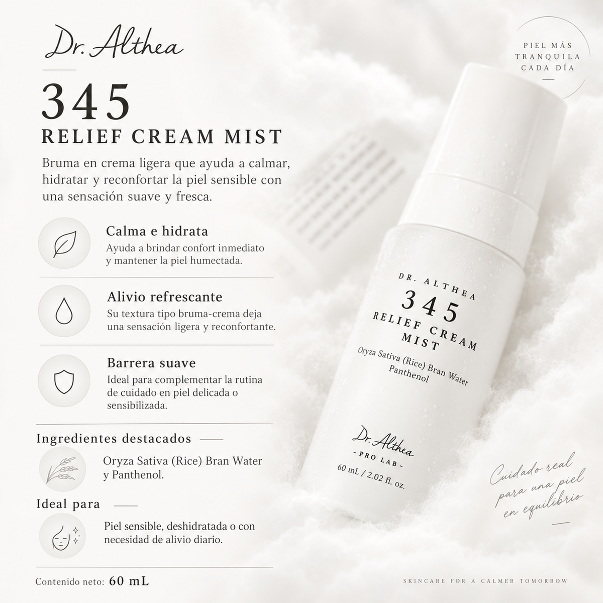 Dr. Althea - 345 Relief Cream Mist 60 ml – Bruma Facial Hidratante y Calmante con Agua de Arroz