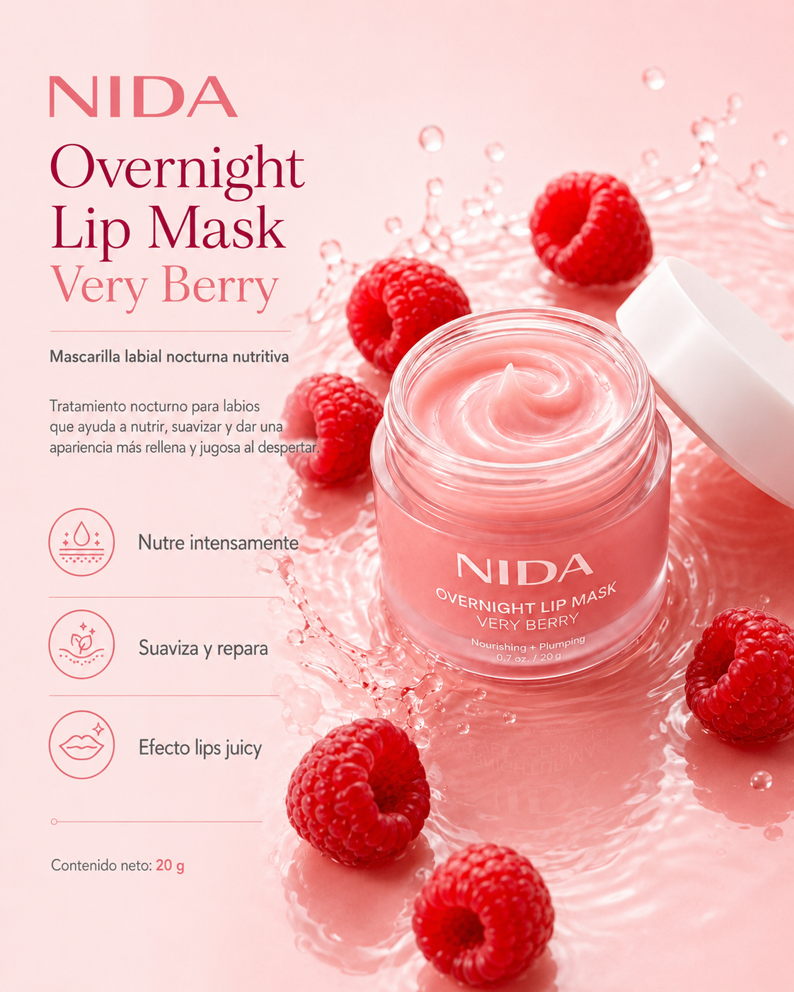 NIDA - Overnight Lip Mask Very Berry | Mascarilla Labial Nocturna Nutritiva y Efecto Plumping 20 g