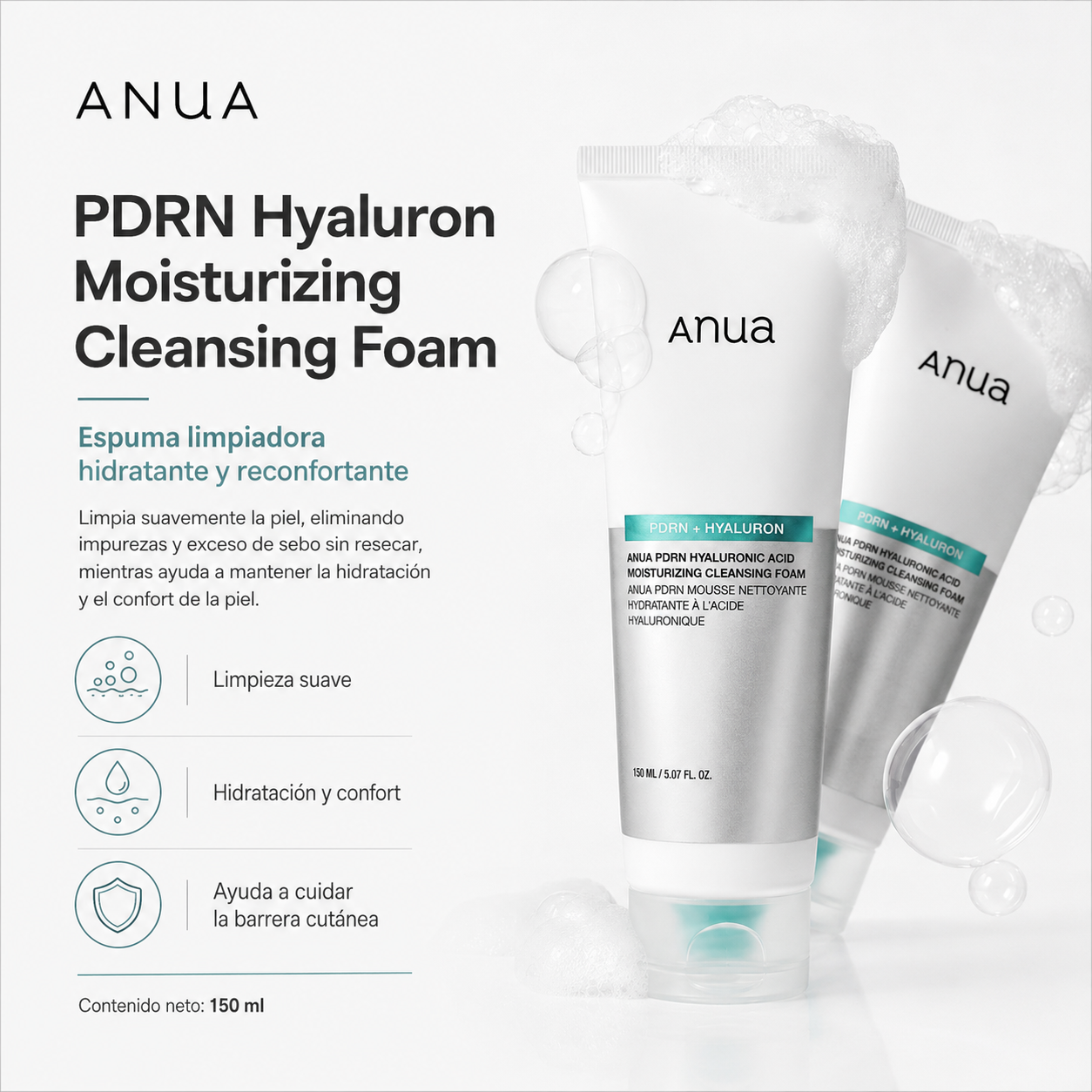 ANUA - PDRN Hyaluronic Acid Moisturizing Cleansing Foam | Limpiador Facial Hidratante con PDRN y Ácido Hialurónico 150 ml