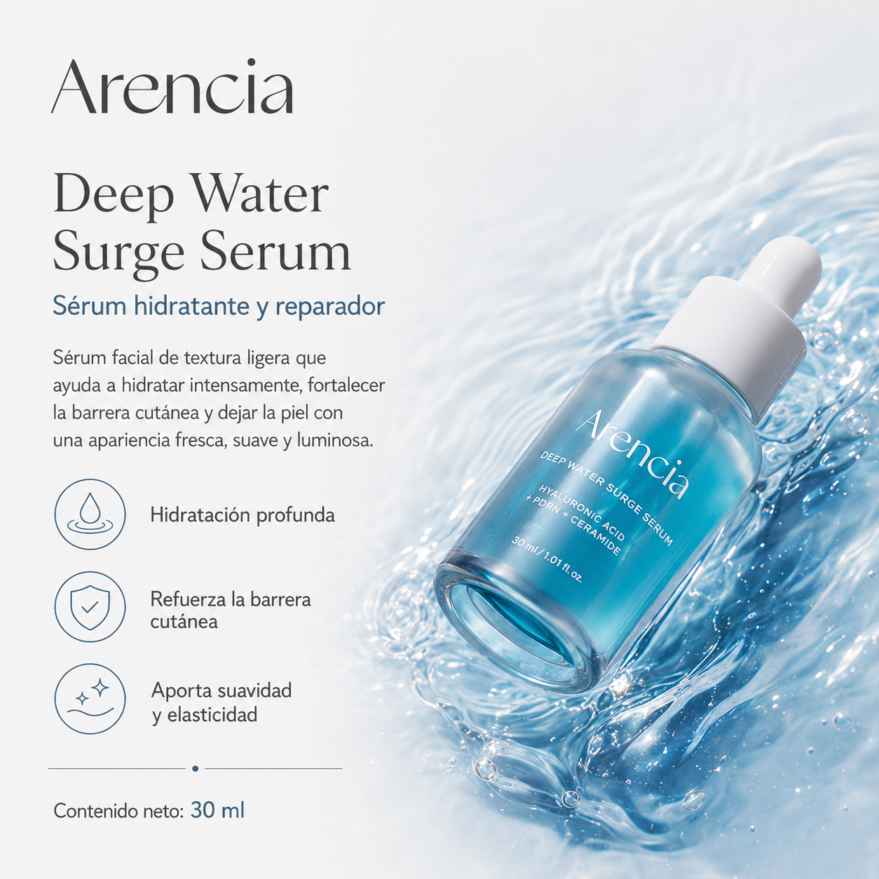 Arencia - Deep Water Surge Serum | Sérum Hidratante con Ácido Hialurónico, PDRN y Ceramida 30 ml