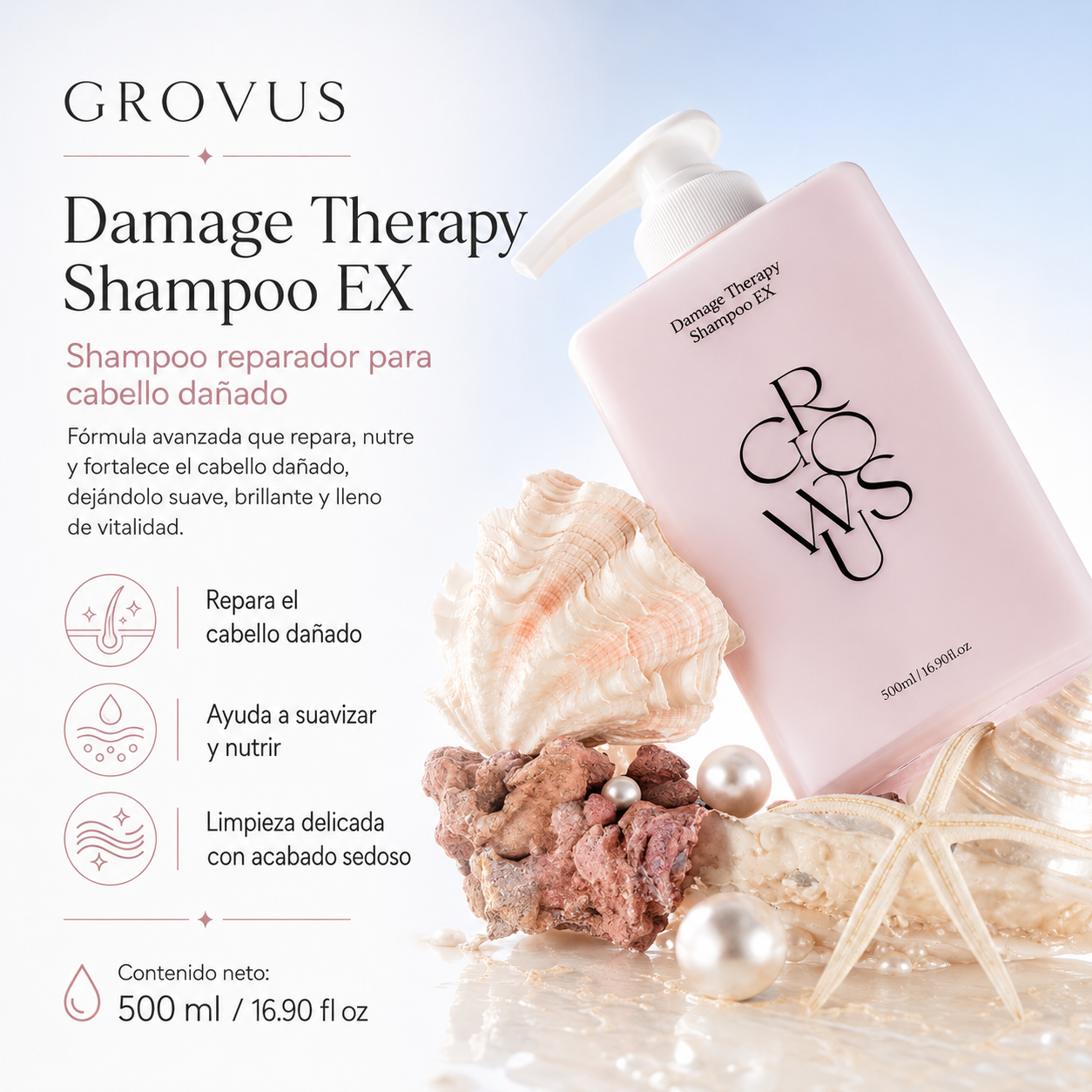 GROWUS - Damage Therapy Shampoo | Shampoo Reparador para Cabello Dañado 500 ml