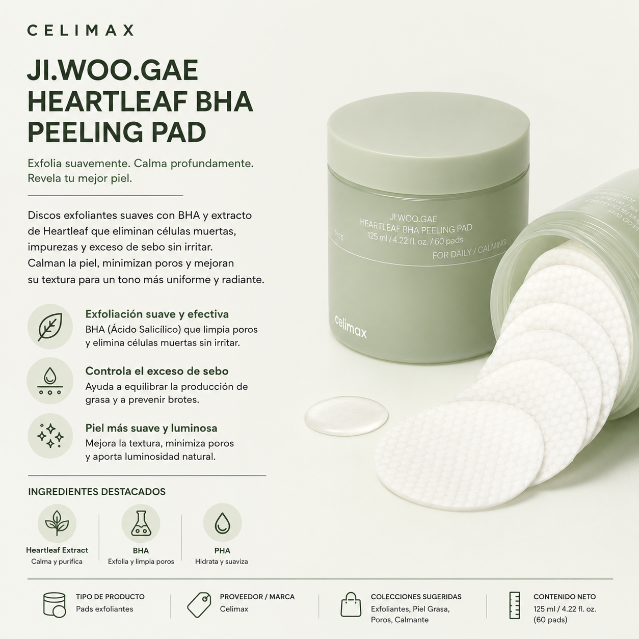 CELIMAX - JIWOOGAE Heartleaf BHA Peeling Pad – 125 ml (60 Pads) | Exfoliación Suave y Limpieza de Poros