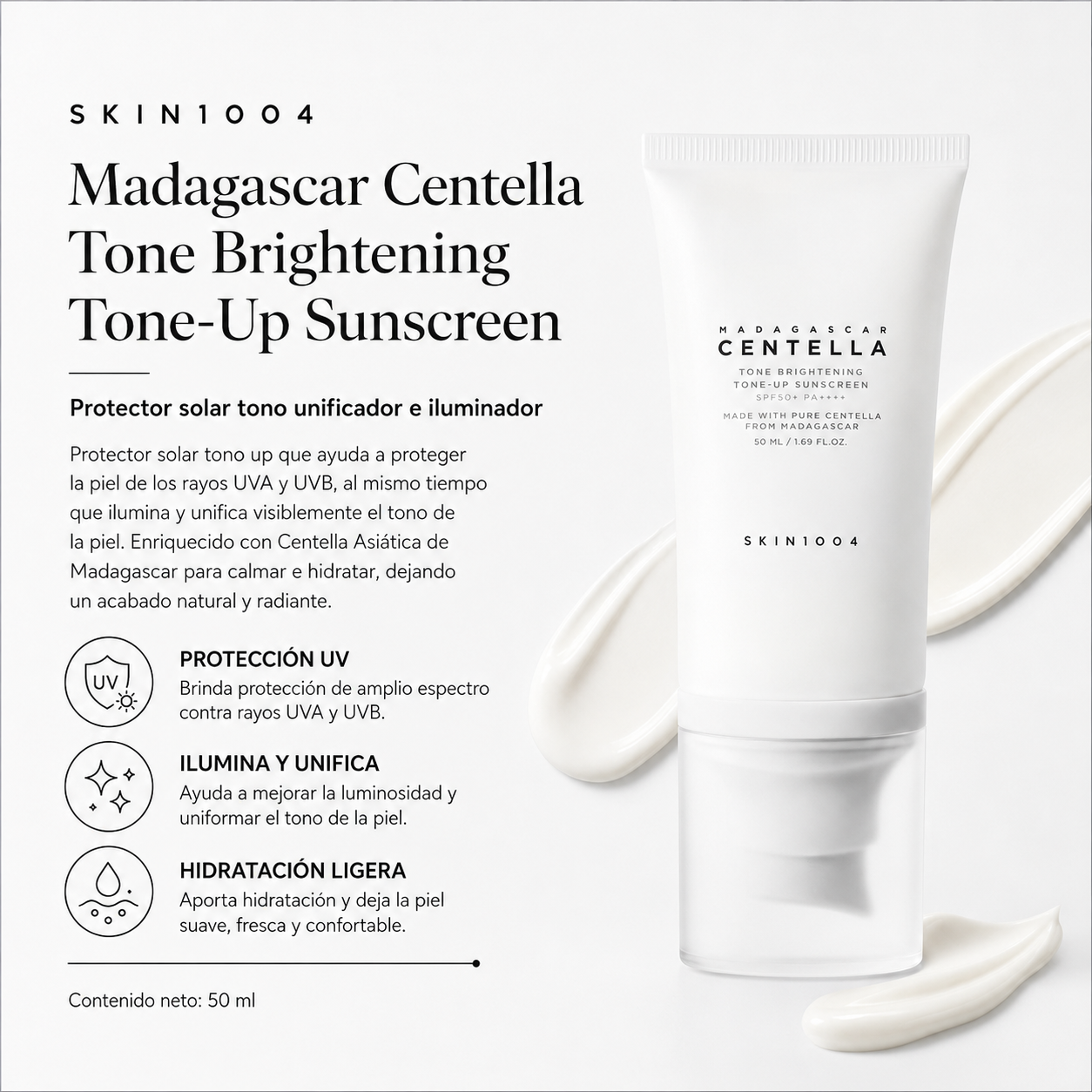 SKIN1004 – Madagascar Centella Tone Brightening Tone-Up Sunscreen SPF50+ PA++++ 50 ml – Protector Solar Iluminador y Aclarante