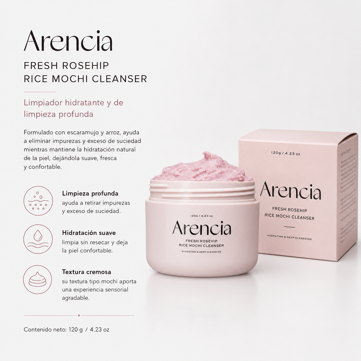 ARENCIA – Fresh Rosehip Rice Mochi Cleanser 120 g – Limpiador Calmante para Piel Sensible