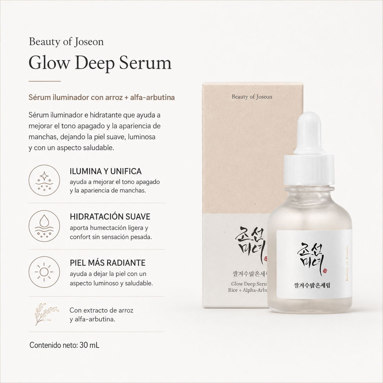 BEAUTY OF JOSEON - Glow Deep Serum Rice + Alpha Arbutin 30 ML | Suero Despigmentante