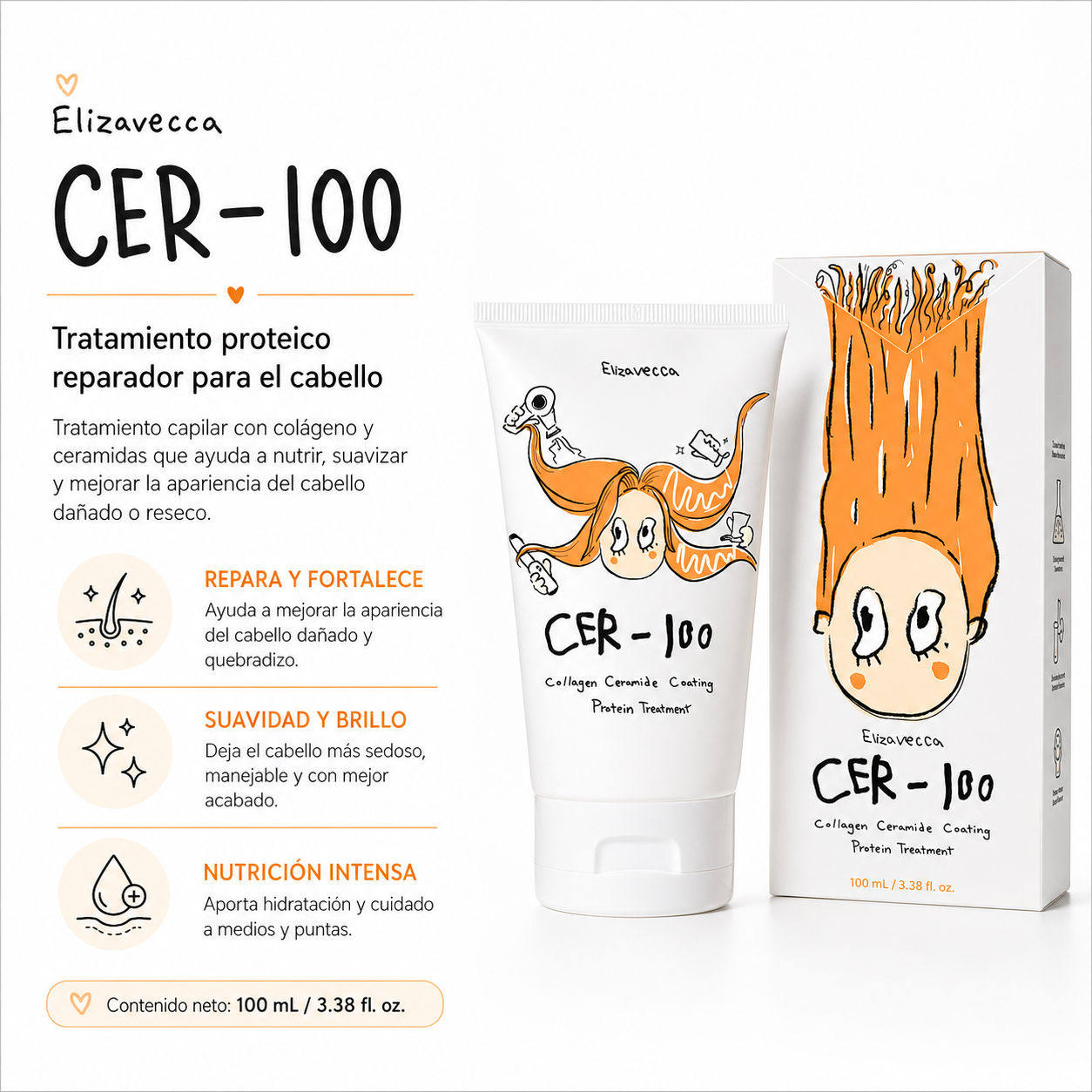 ELIZAVECCA - CER-100 Collagen Ceramide Coating Hair Protein Treatment | 100ml | Tratamiento hidratante y reparador