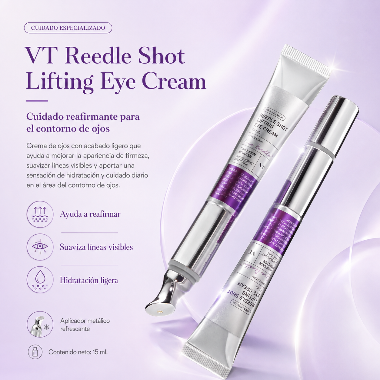 VT COSMETICS - Reedle Shot Lifting Eye Cream – Crema Reafirmante para Contorno de Ojos con CICA REEDLE™, Péptidos y Aplicador Vibratorio 15 ml