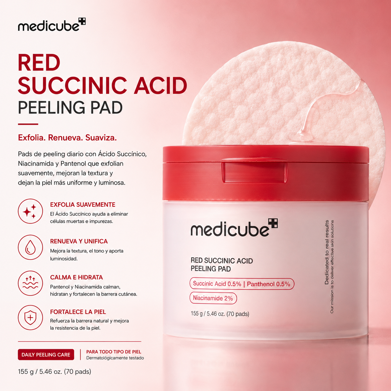 MEDICUBE – Red Succinic Pad 70 Pads – Pads Exfoliantes para Acné y Control de Grasa