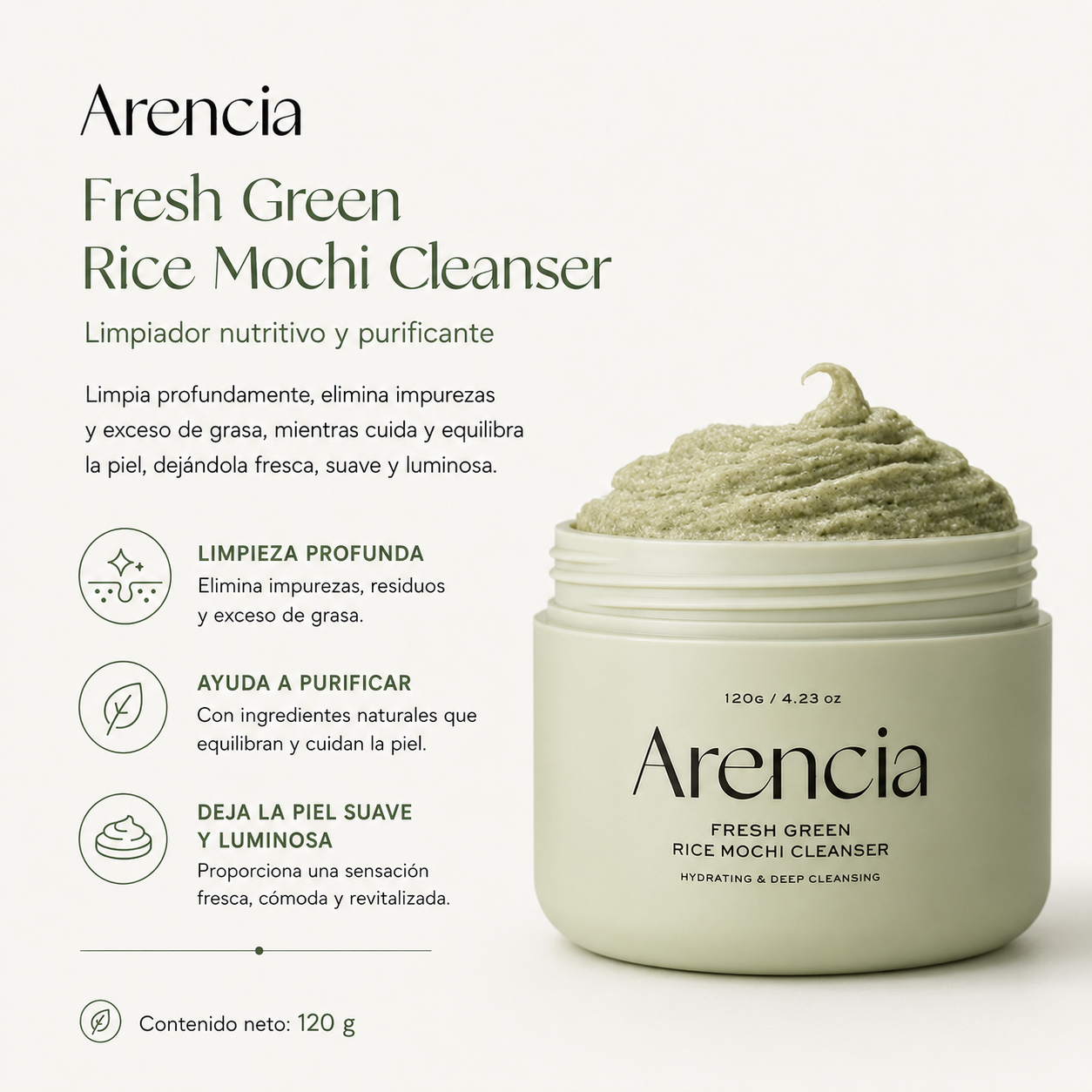 ARENCIA – Fresh Green Rice Mochi Cleanser 120 g – Limpiador y Mascarilla Facial Intensiva