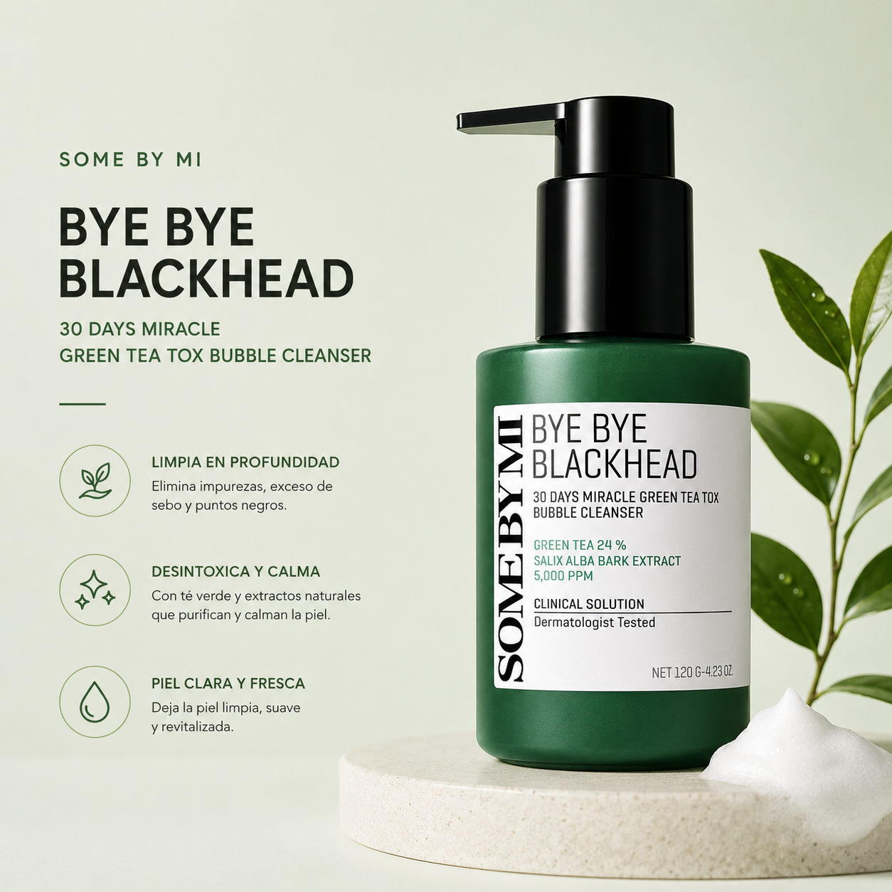 SOME BY MI - Bye Bye Blackhead 30 Days Miracle Green Tea Tox Bubble Cleanser 120 GR | Espuma Limpieza Profunda Y Exfoliante