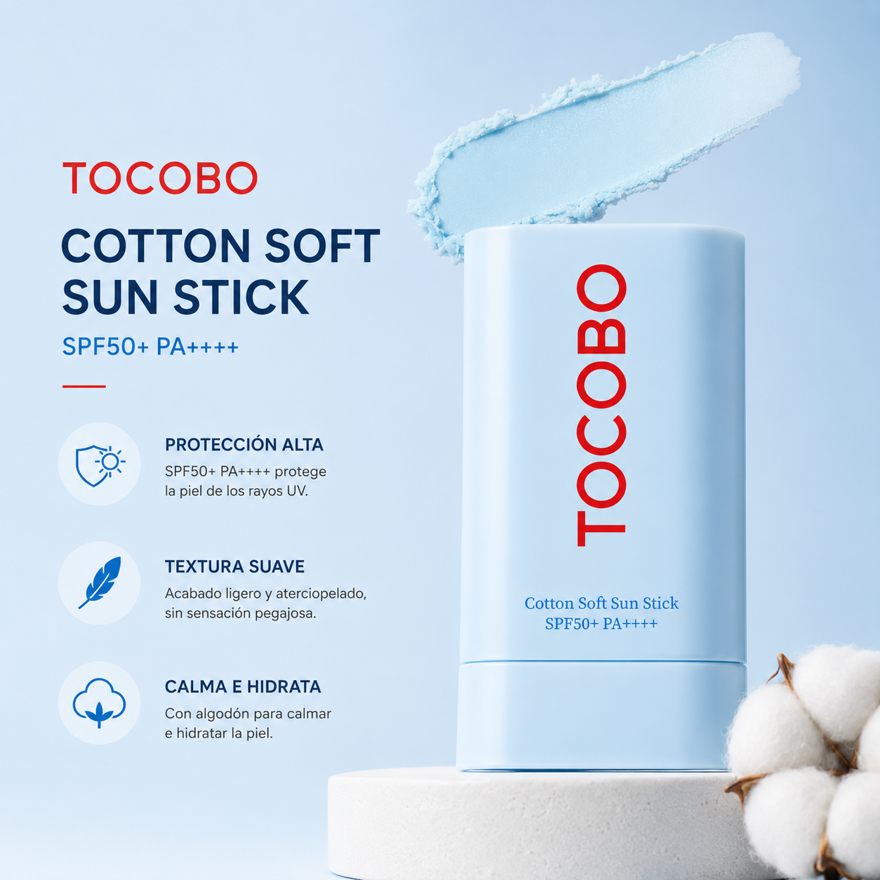 TOCOBO - Cotton Soft Sun Stick SPF50+ PA+++ | 19g | Protector solar en barra con acabado mate