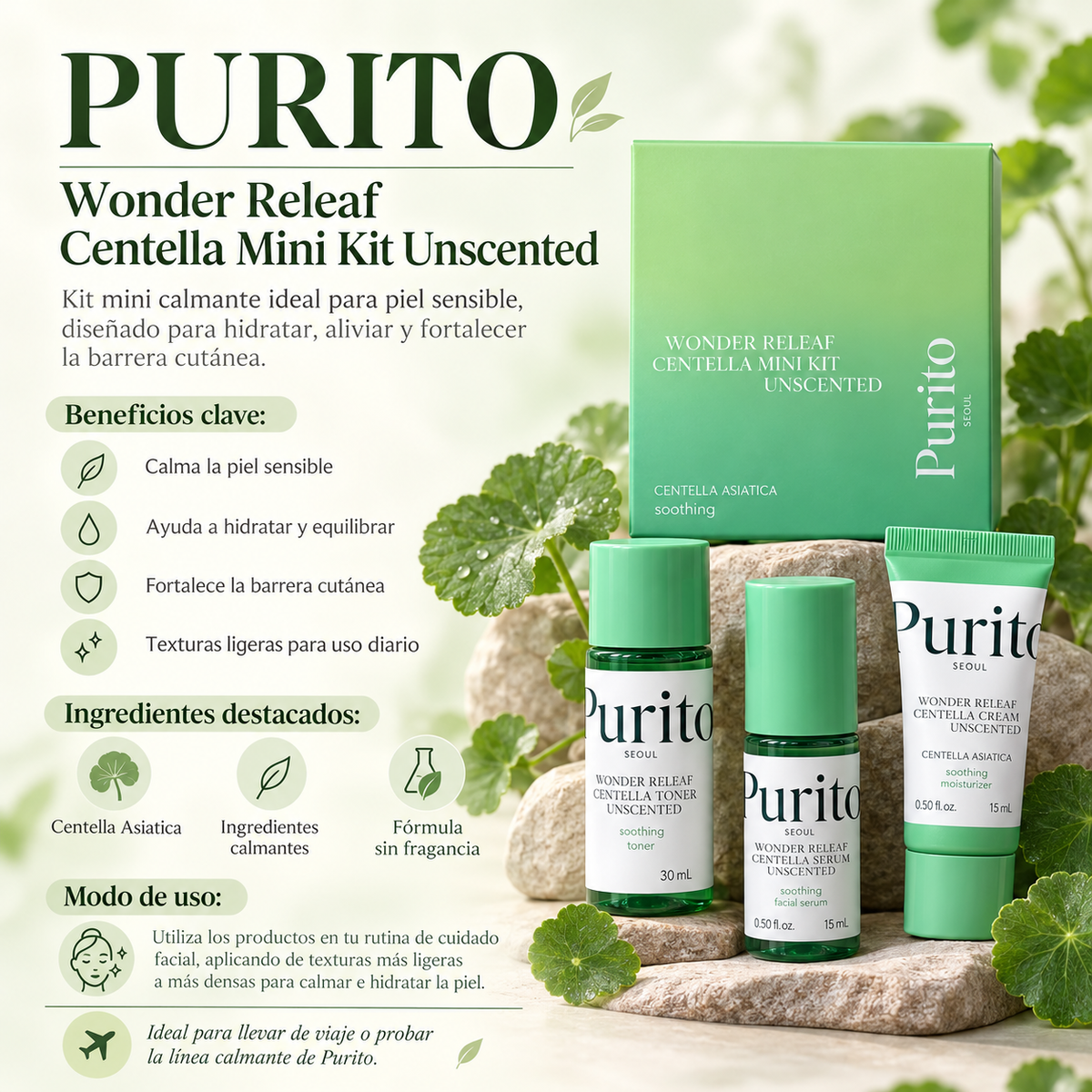 PURITO SEOUL – Wonder Releaf Centella Mini Kit Unscented | Kit calmante con centella en tamaño mini