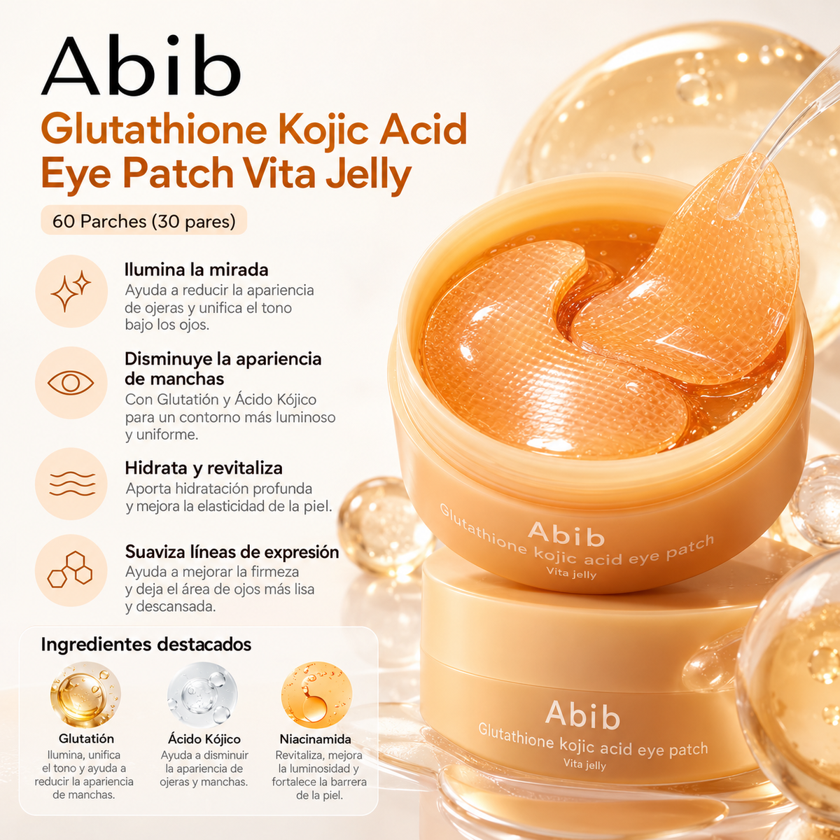ABIB – Glutathione Kojic Acid Eye Patch Vita Jelly 60 Parches | Parches Iluminadores con Glutatión y Ácido Kójico