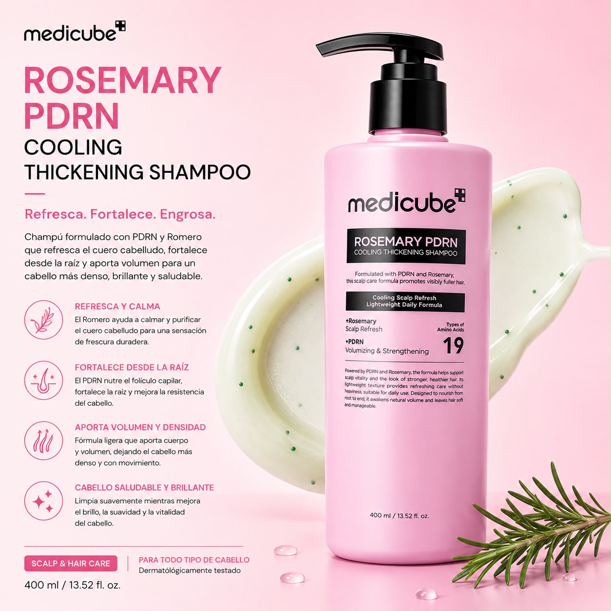 MEDICUBE – Rosemary PDRN Cooling Thickening Shampoo 400 ml – Shampoo Fortalecedor y Engrosador