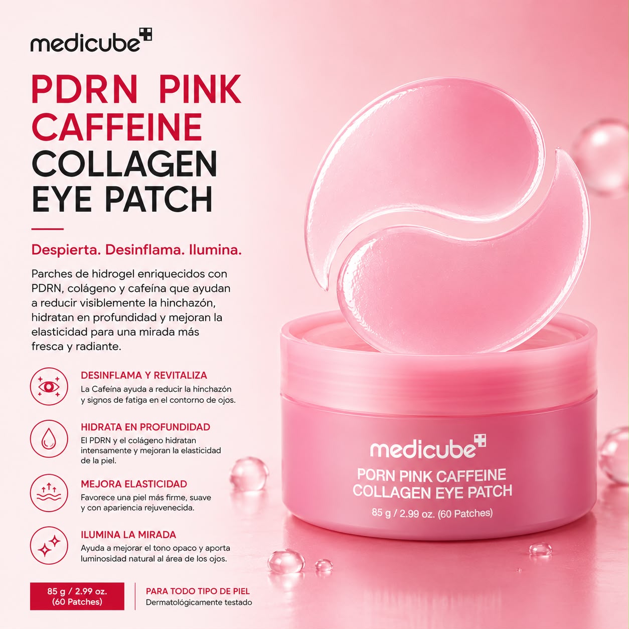 MEDICUBE – PDRN Pink Caffeine Eye Patch 60 Parches – Parches para Ojos Reafirmantes y Antifatiga