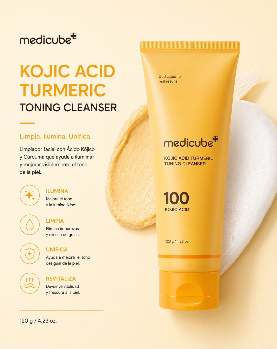 MEDICUBE – Kojic Acid Turmeric Toning Cleanser 120 g – Limpiador Iluminador Antimanchas