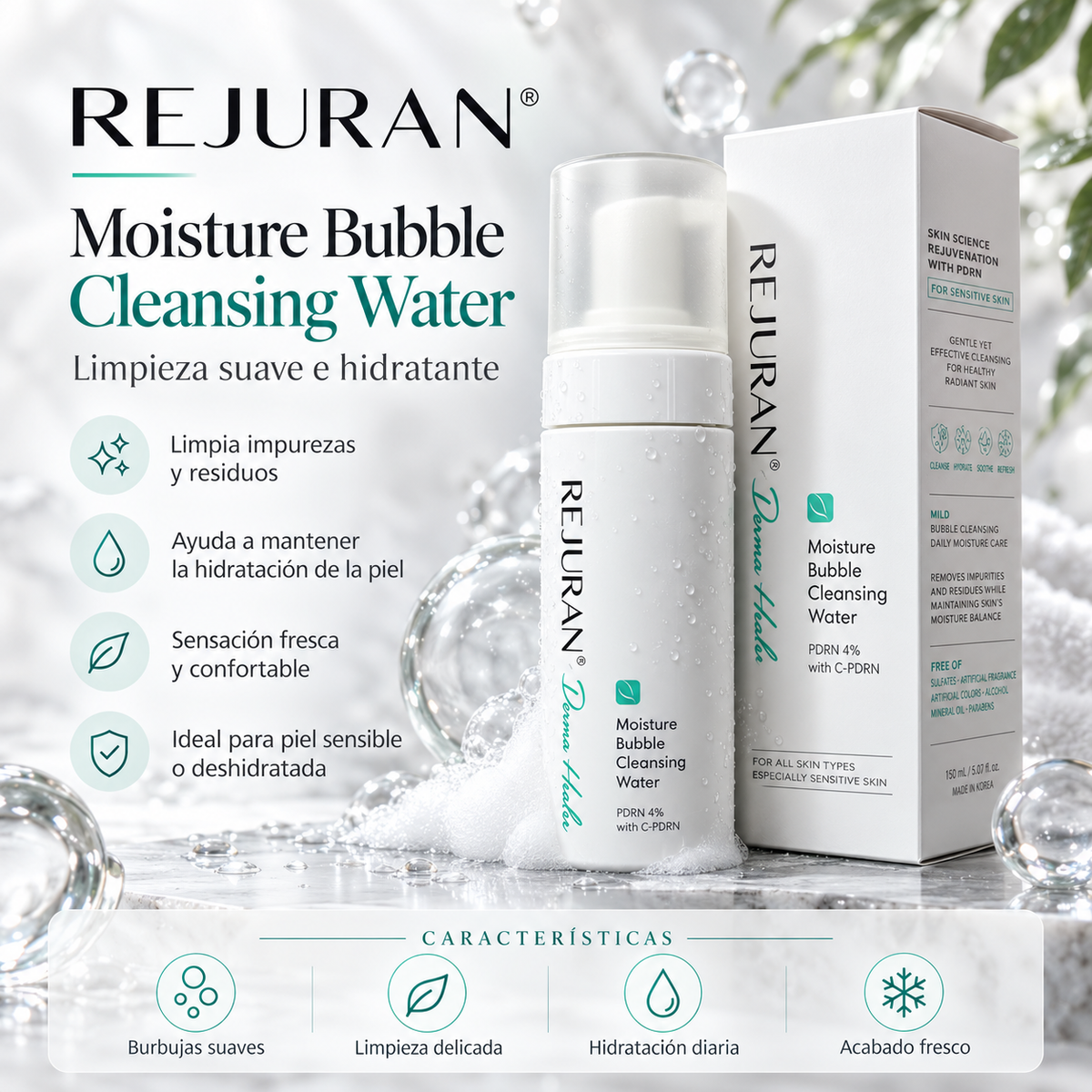 REJURAN – Moisture Bubble Cleansing Water PDRx 5% con c-PDRN 150 ml | Limpiador Facial Hidratante para Piel Sensible