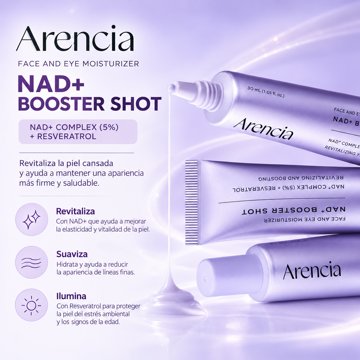 ARENCIA – NAD+ Booster Shot 30 ml | Booster Reafirmante con Complejo NAD+, Péptidos y Resveratrol