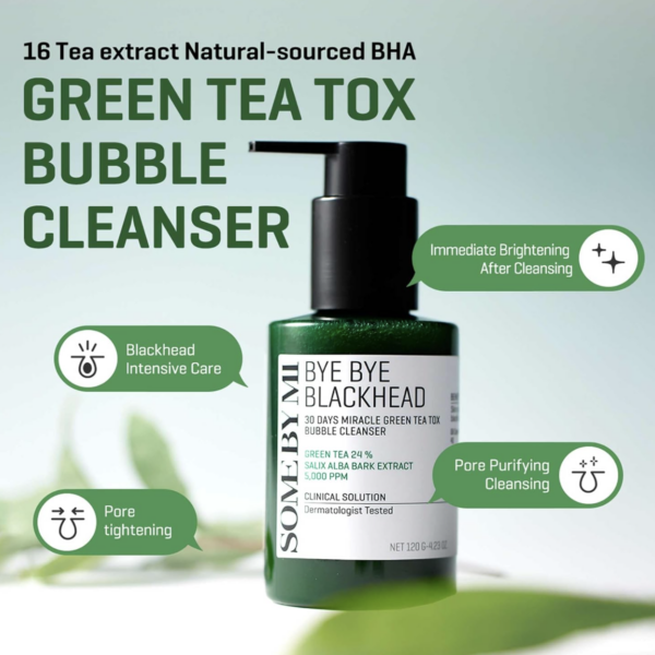 SOME BY MI - Bye Bye Blackhead 30 Days Miracle Green Tea Tox Bubble Cleanser 120 GR | Espuma Limpieza Profunda Y Exfoliante