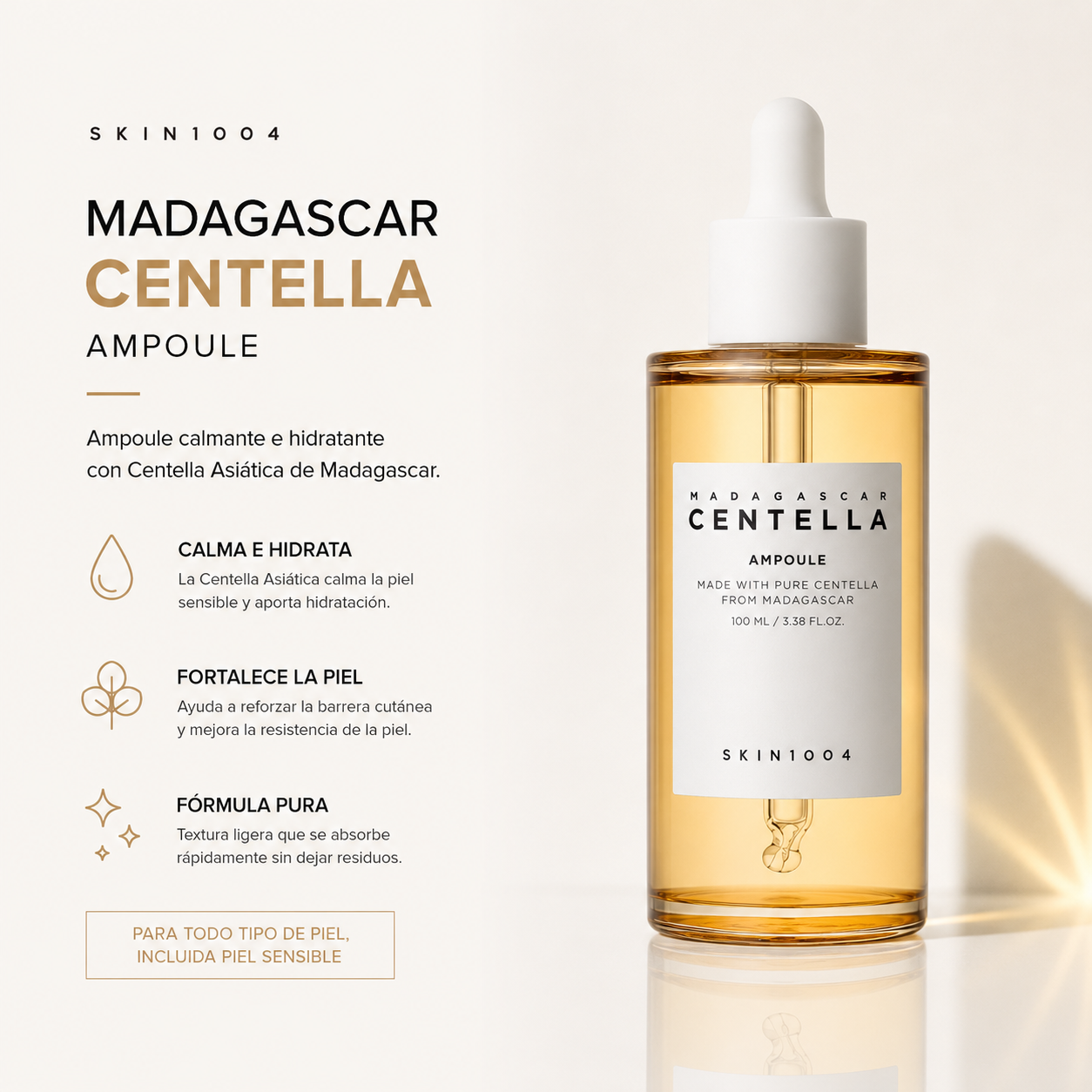 SKIN1004 - Madagascar Centella Asiatica Ampoule Suero facial - 100% extracto de Centella Asiática – para calmar la piel sensible y propensa al acné, 100 ml