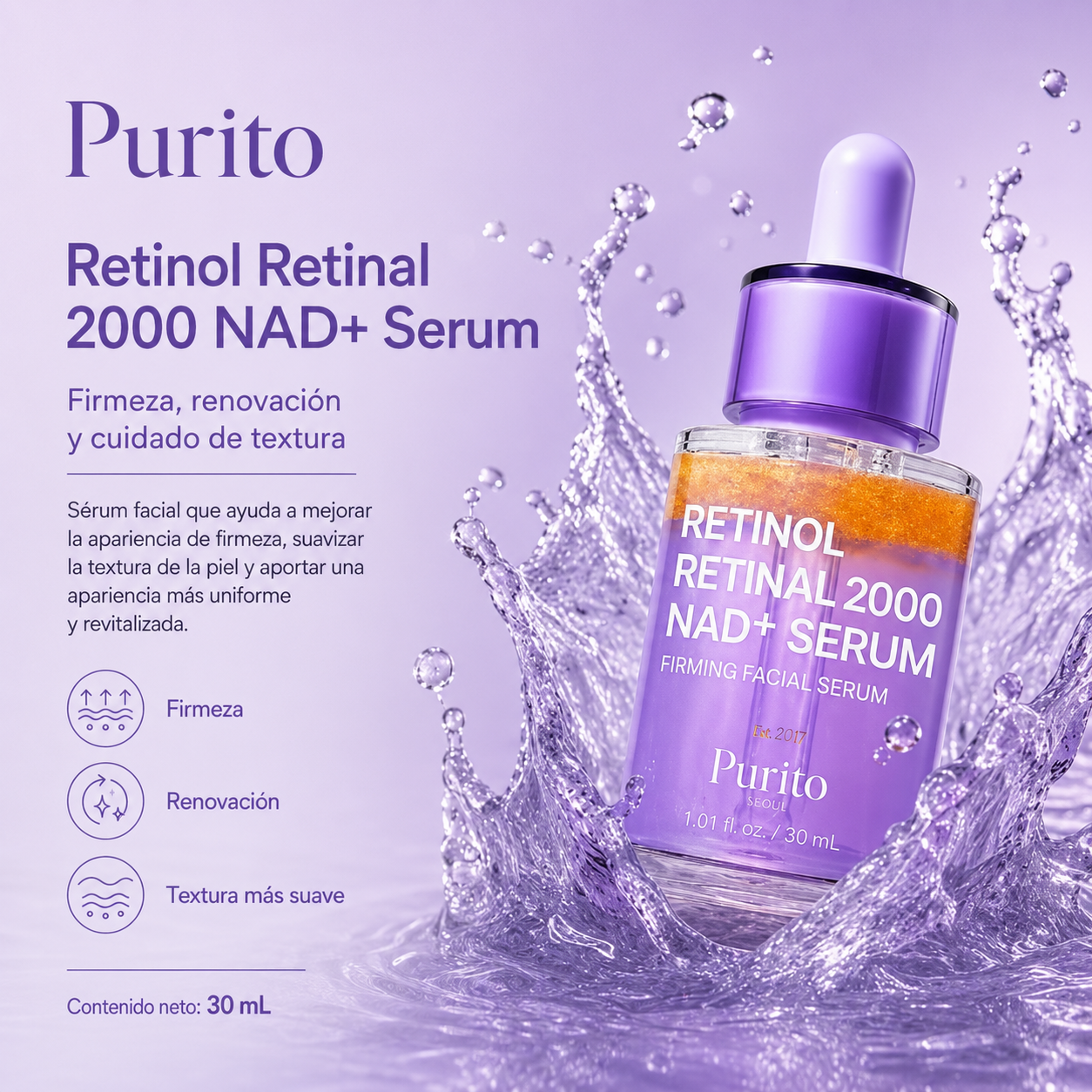 Purito Seoul - Retinol Retinal 2000 NAD+ Serum – Suero Reafirmante con Retinol, Retinal y NAD+ 30 ml