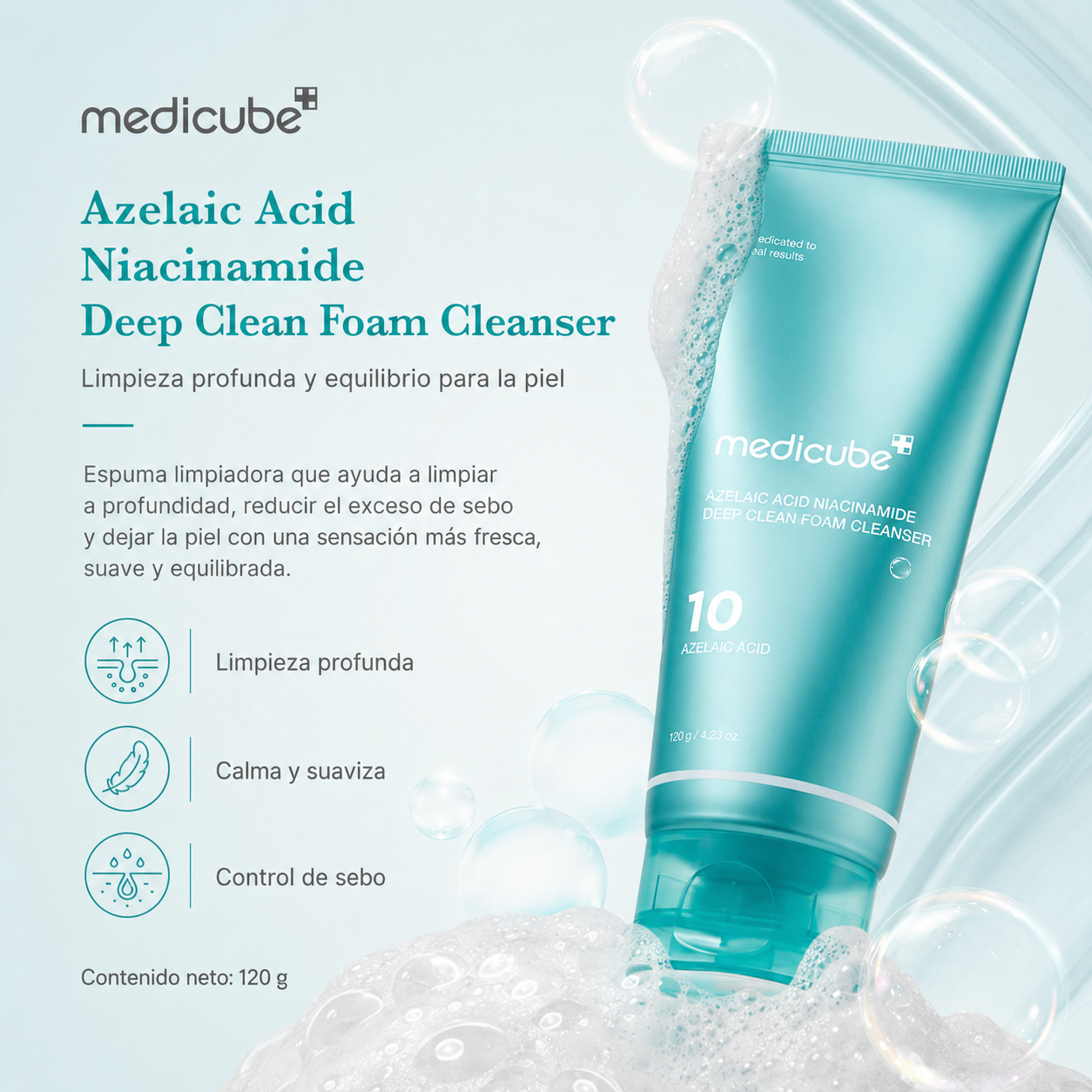 Medicube - Azelaic Acid Niacinamide Deep Clean Foam Cleanser – Limpiador Facial para Poros y Sebo 120 g