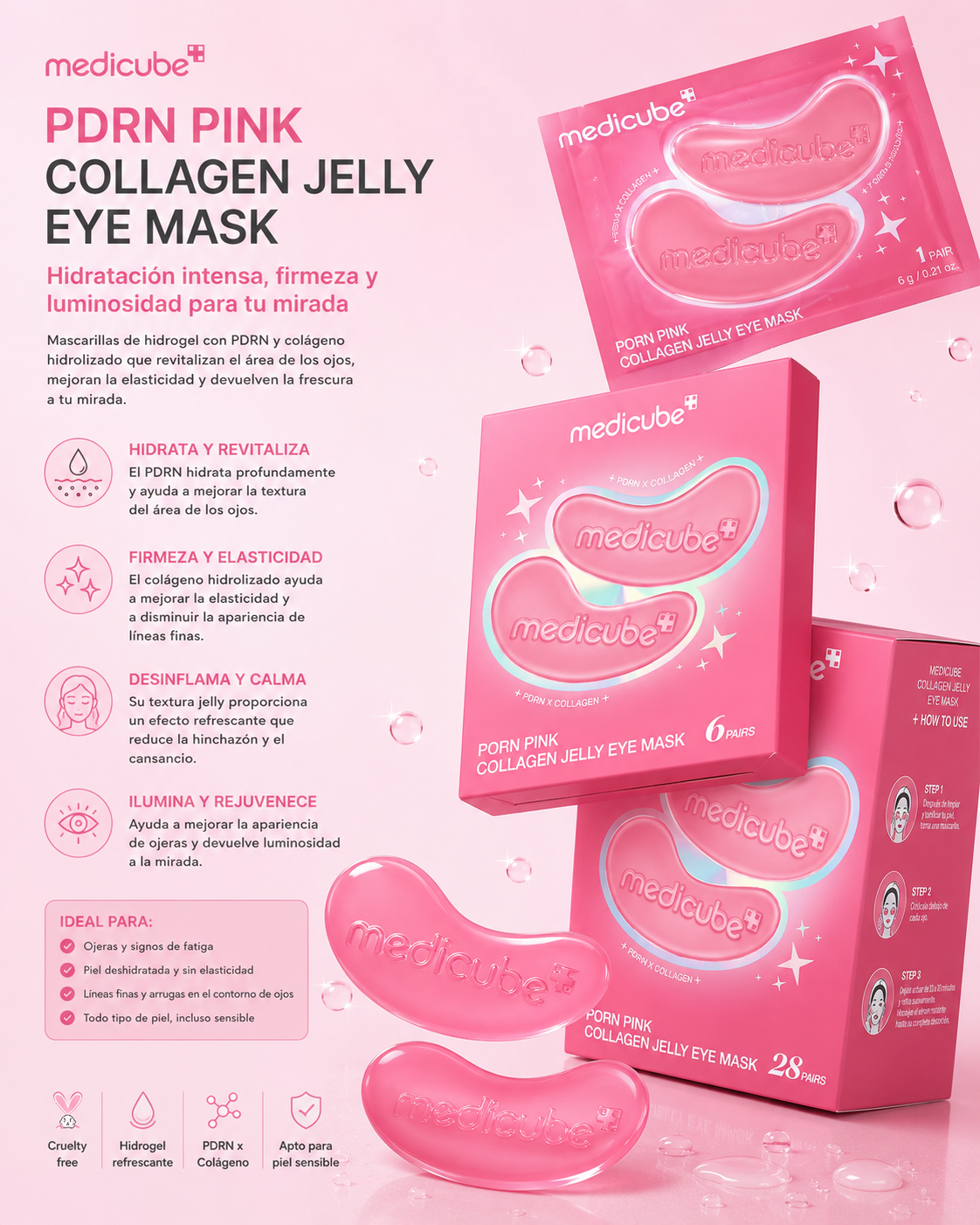 Medicube - PDRN Pink Collagen Jelly Eye Mask – Parches de Hidrogel para Ojos con PDRN, Colágeno y NAD+ 6 Pares