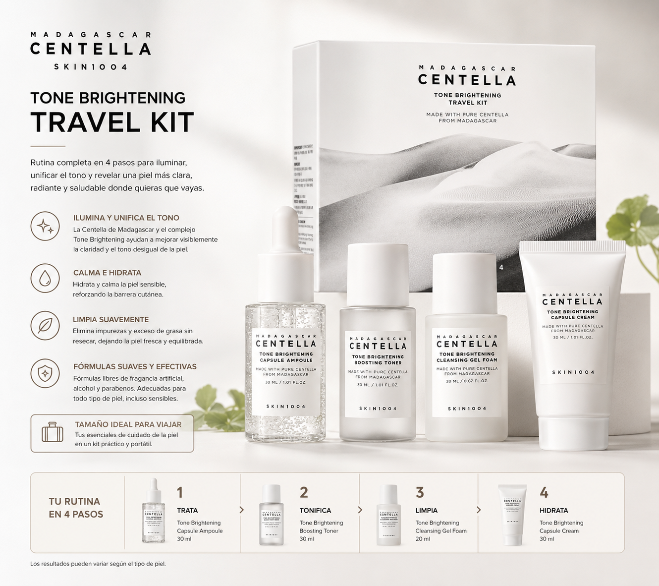 SKIN1004 – Madagascar Centella Tone Brightening Travel Kit 4 Piezas – Set de Viaje Iluminador y Antimanchas