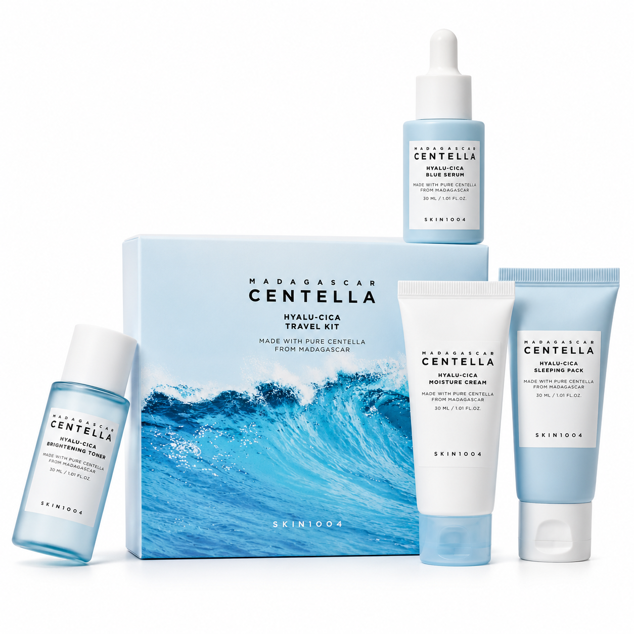 SKIN1004 – Madagascar Centella Hyalu-Cica Travel Kit 4 Piezas – Set de Viaje Hidratante y Calmante