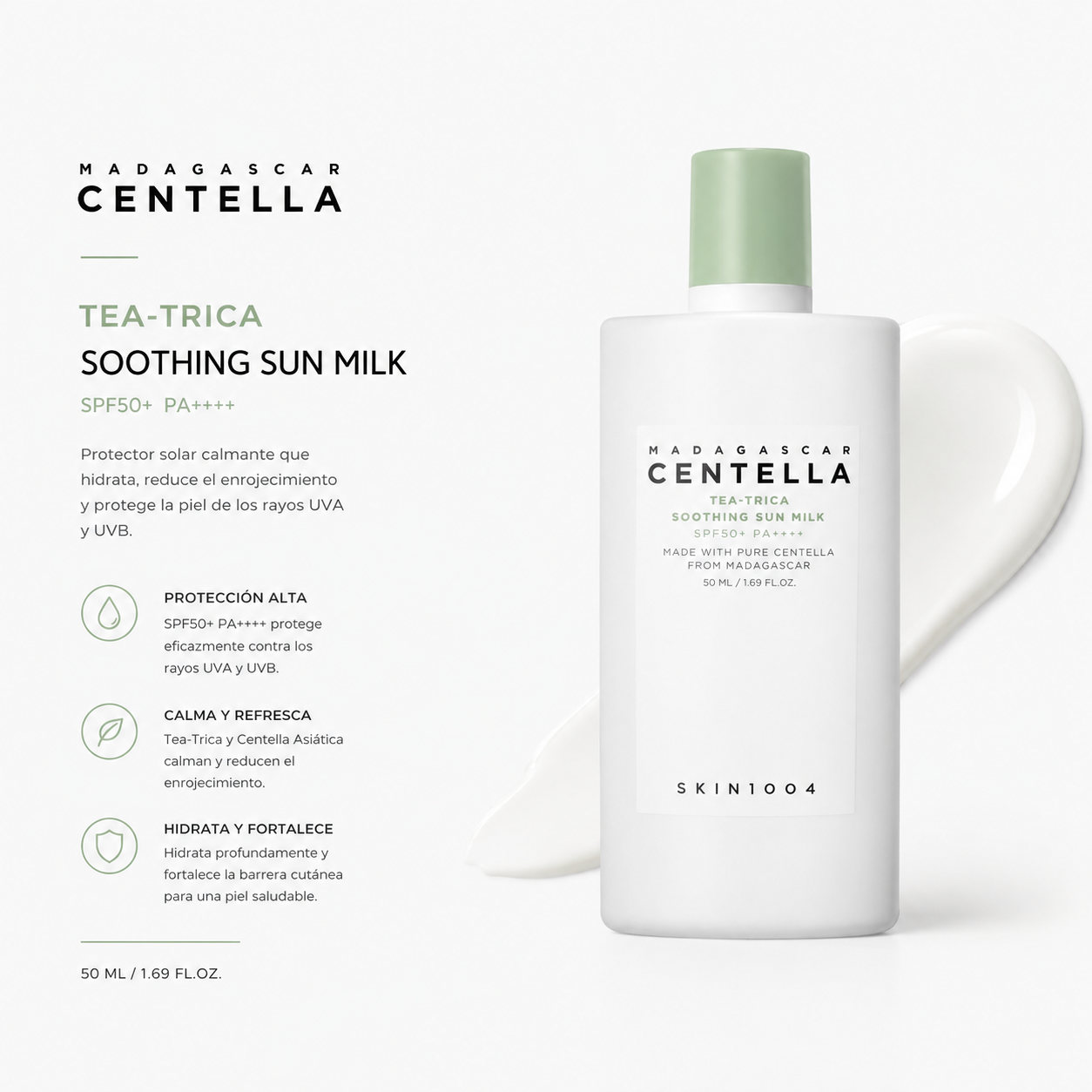 SKIN1004 – Madagascar Centella Tea-Trica Soothing Sun Milk SPF50+ PA++++ 50 ml – Protector Solar Calmante para Piel con Acné