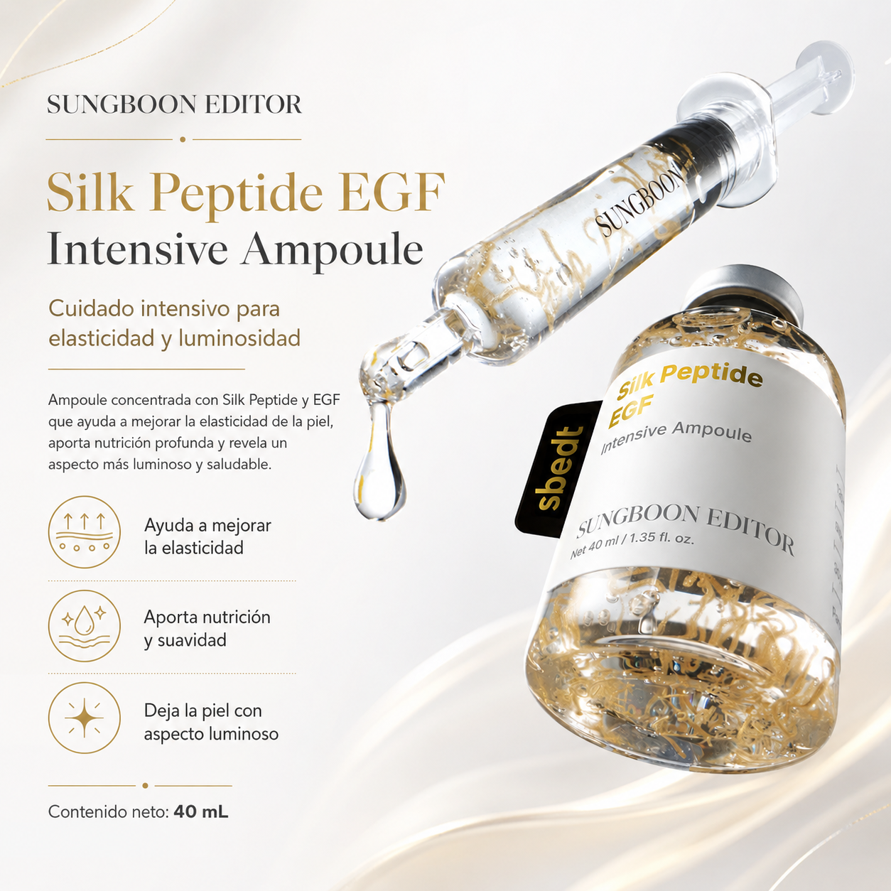 SUNGBOON EDITOR - Silk Peptide EGF Intensive Ampoule – Ampolla Reafirmante con Péptidos, EGF y Colágeno 40 ml