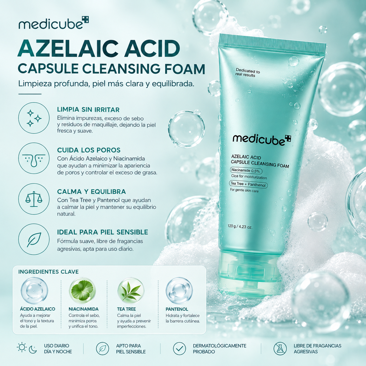 Medicube - Azelaic Acid Capsule Cleansing Foam – Limpiador Facial con Ácido Azelaico, Niacinamida, Tea Tree y Pantenol 120 g