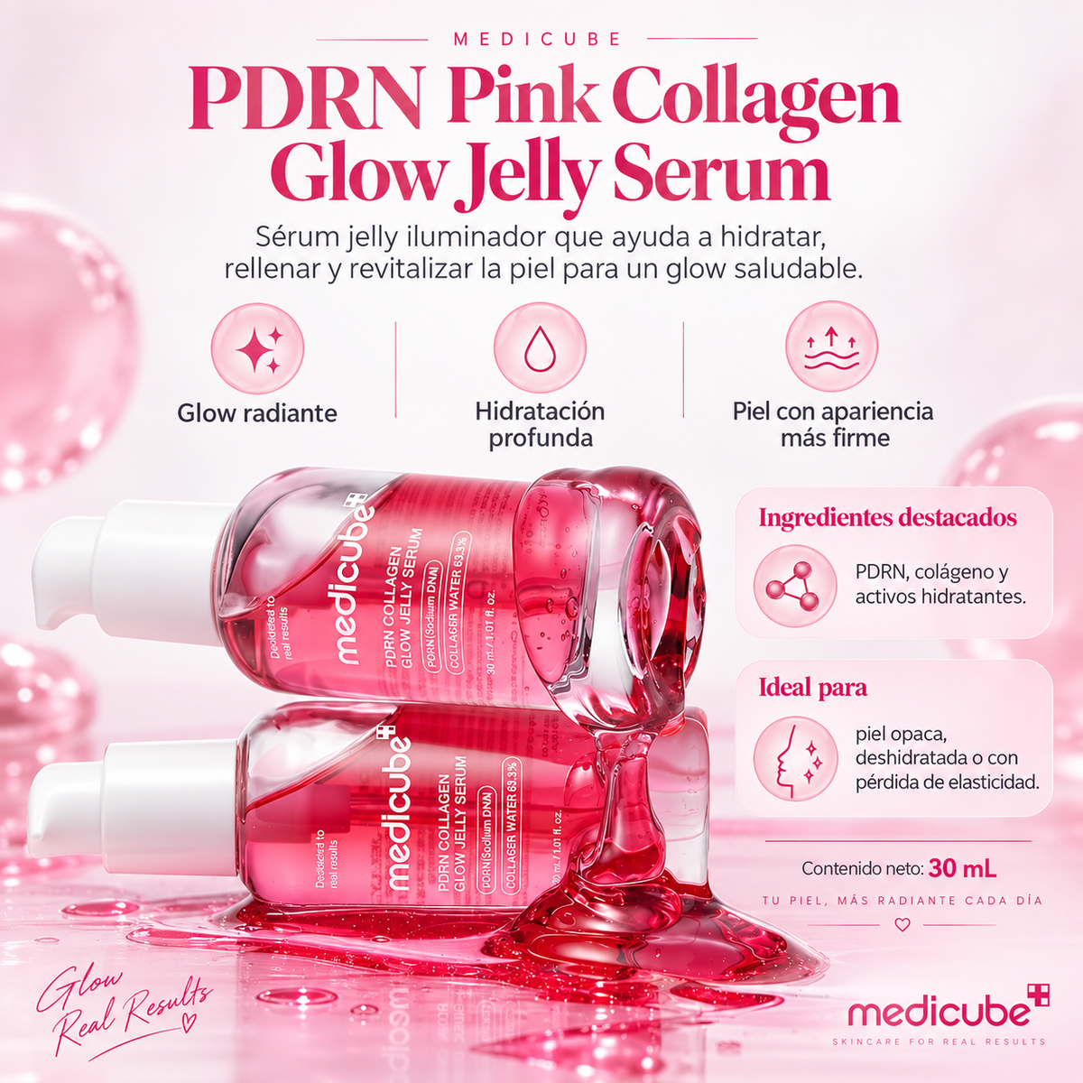 Medicube - PDRN Pink Collagen Glow Jelly Serum – Sérum Jelly Iluminador con PDRN, 65% Collagen Water y 5% Niacinamida 30 ml